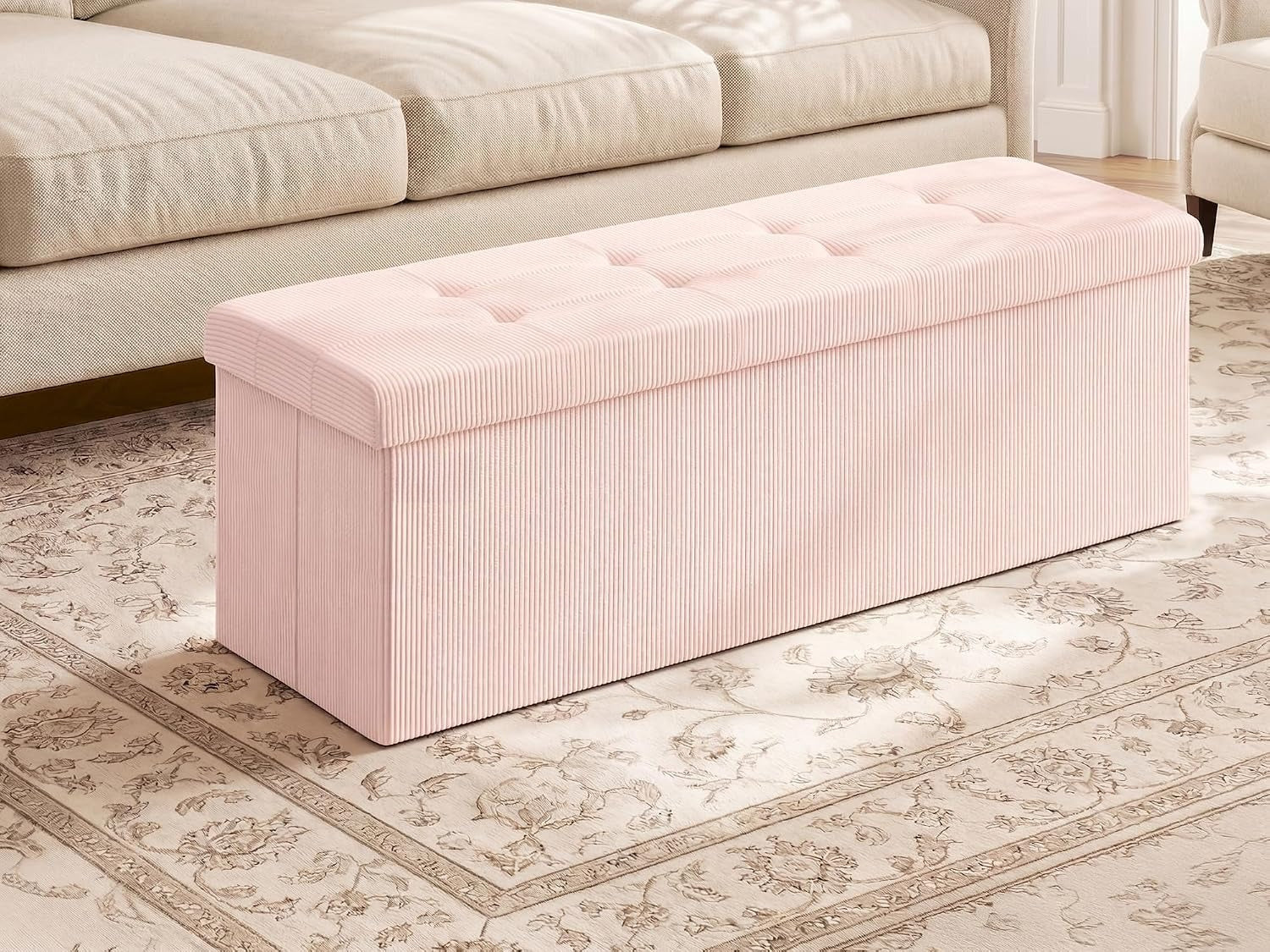 Pink Foldable Storage Ottoman Bench
