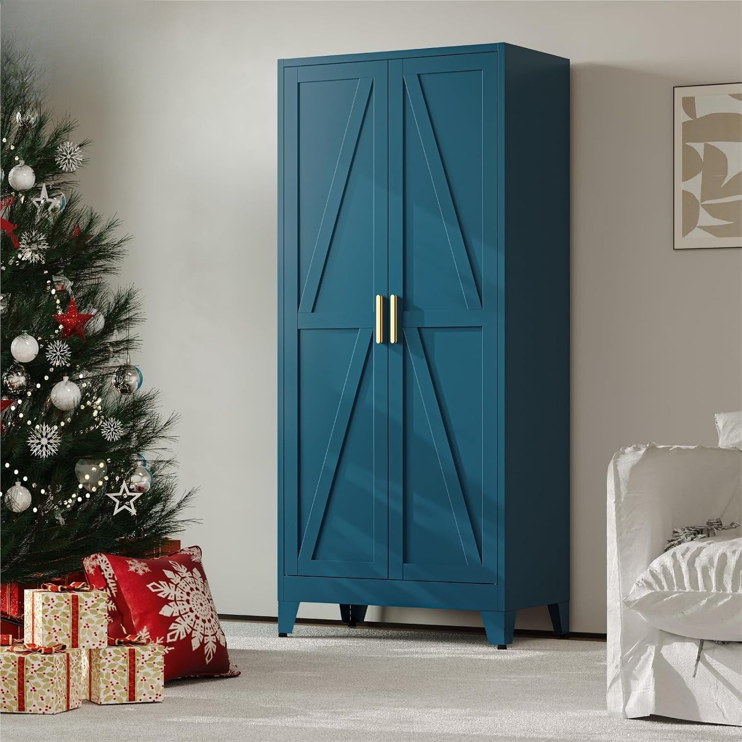 Peacock Blue Farmhouse Metal Wardrobe Storage Cabinet