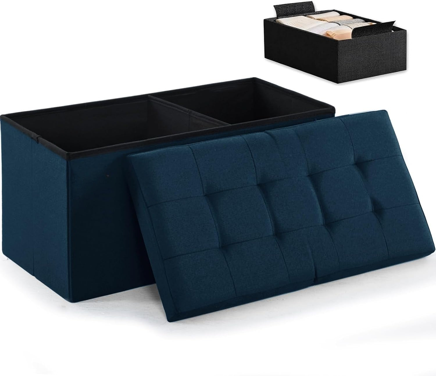Navy Linen Foldable Storage Ottoman