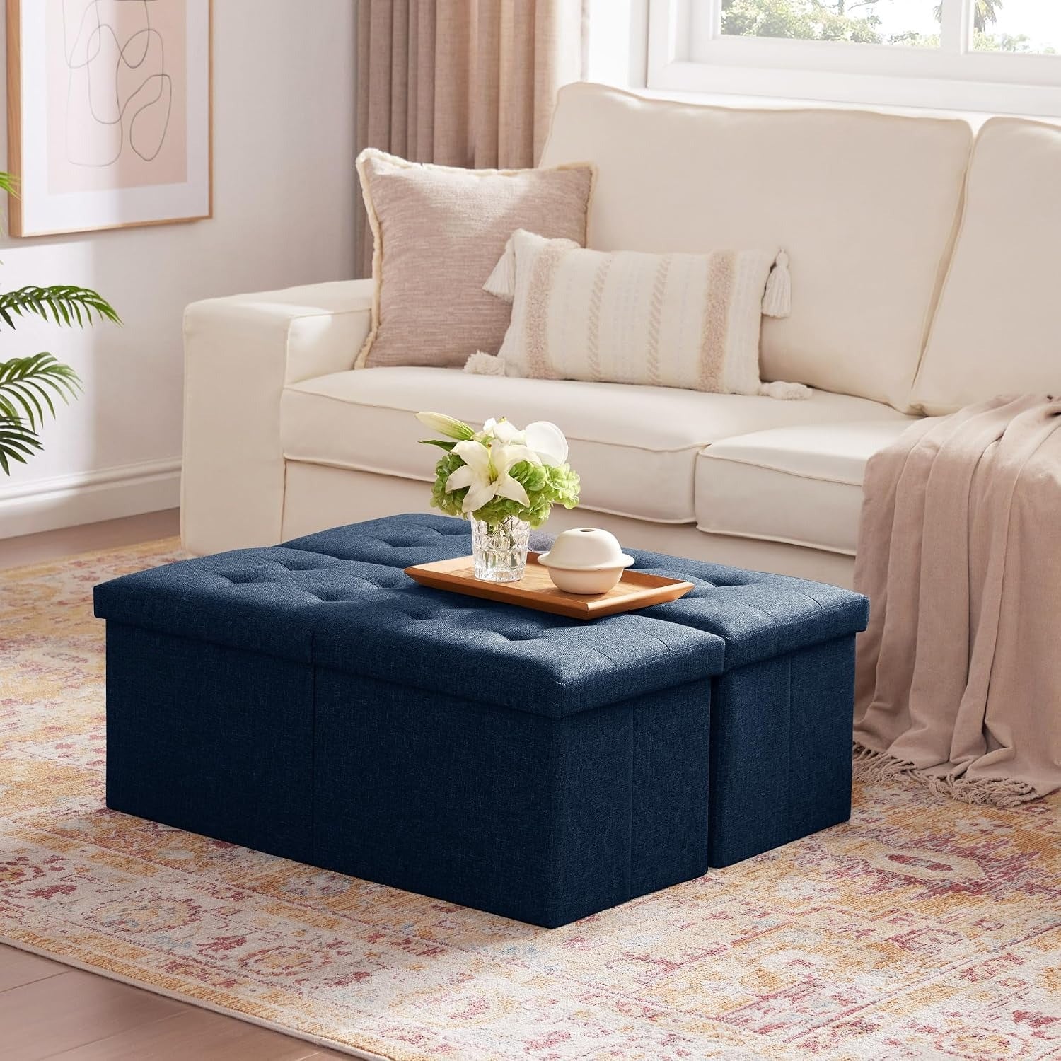 Navy Linen Foldable Storage Ottoman