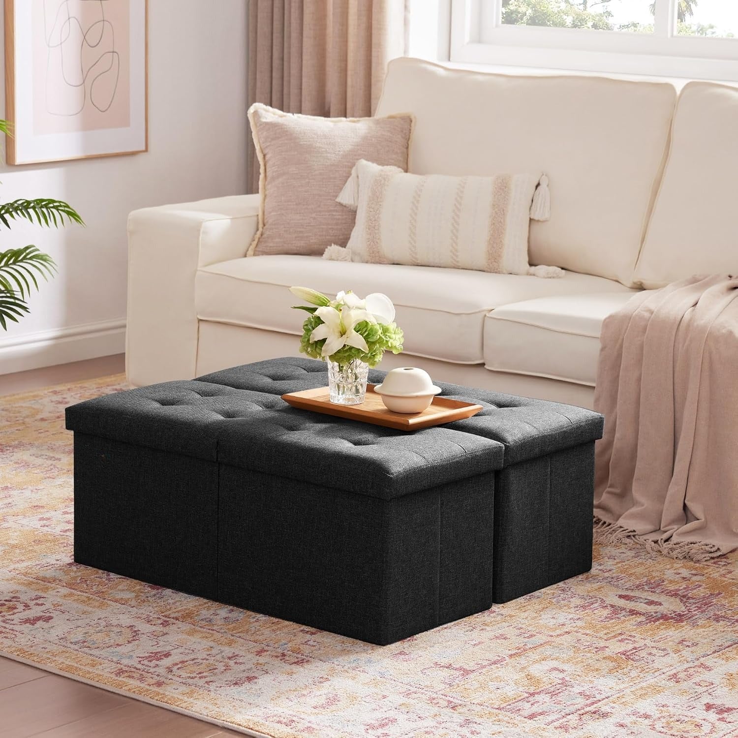 Black Linen Foldable Storage Ottoman