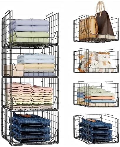 Black 4-Pack Stackable Metal Closet Storage Bins