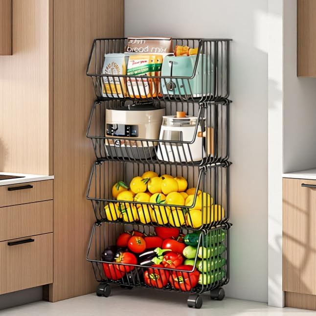 4-Tier Rolling Stackable Metal Wire Storage Baskets