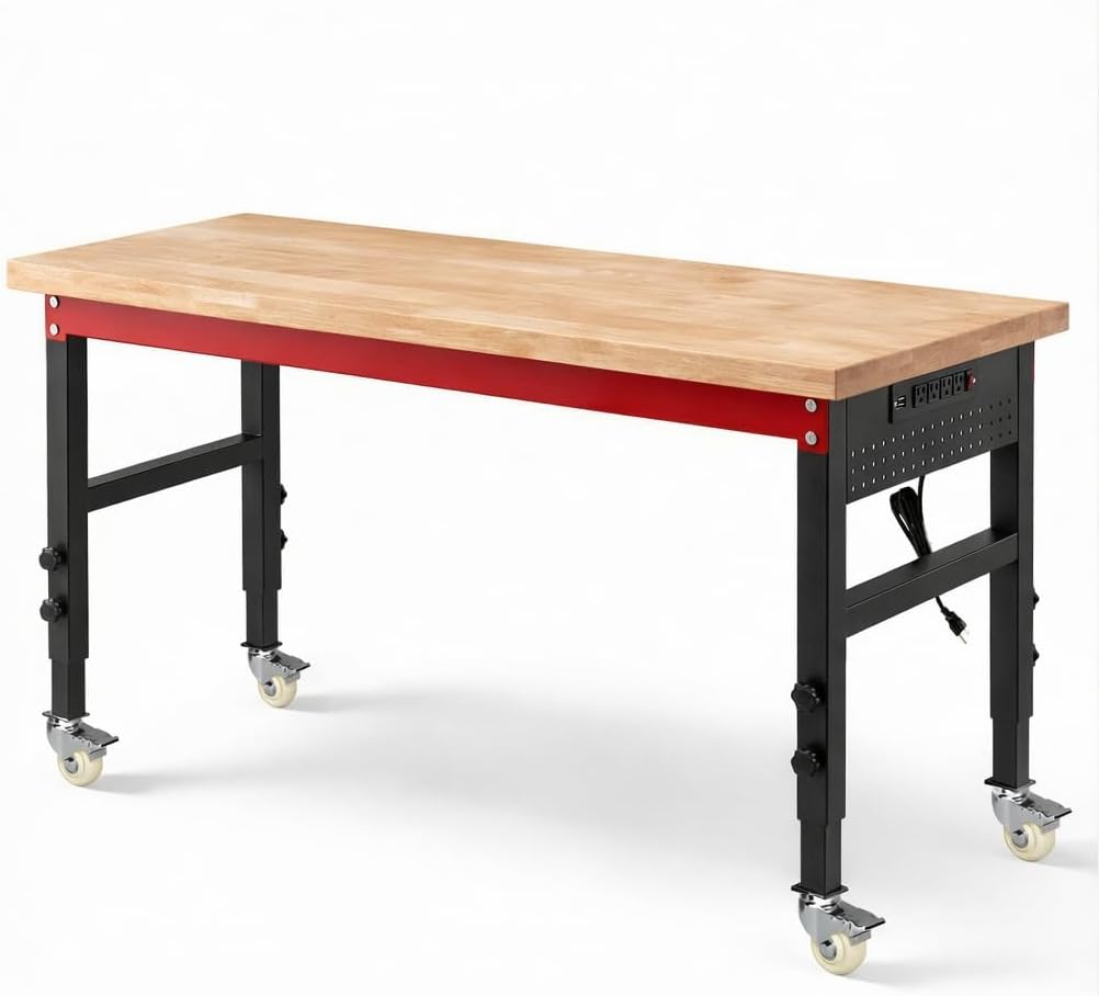 60 Inch Adjustable Rolling Oak Top Heavy Duty Workbench