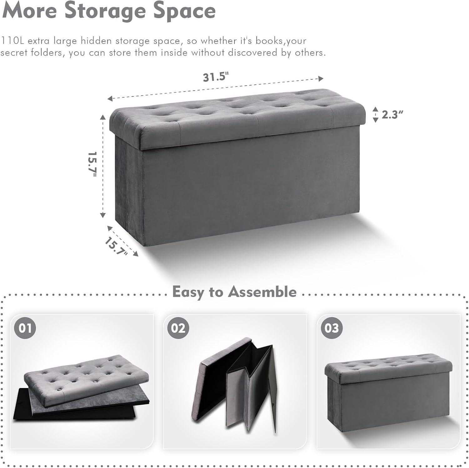 Grey Velvet Folding Storage Ottoman Bench