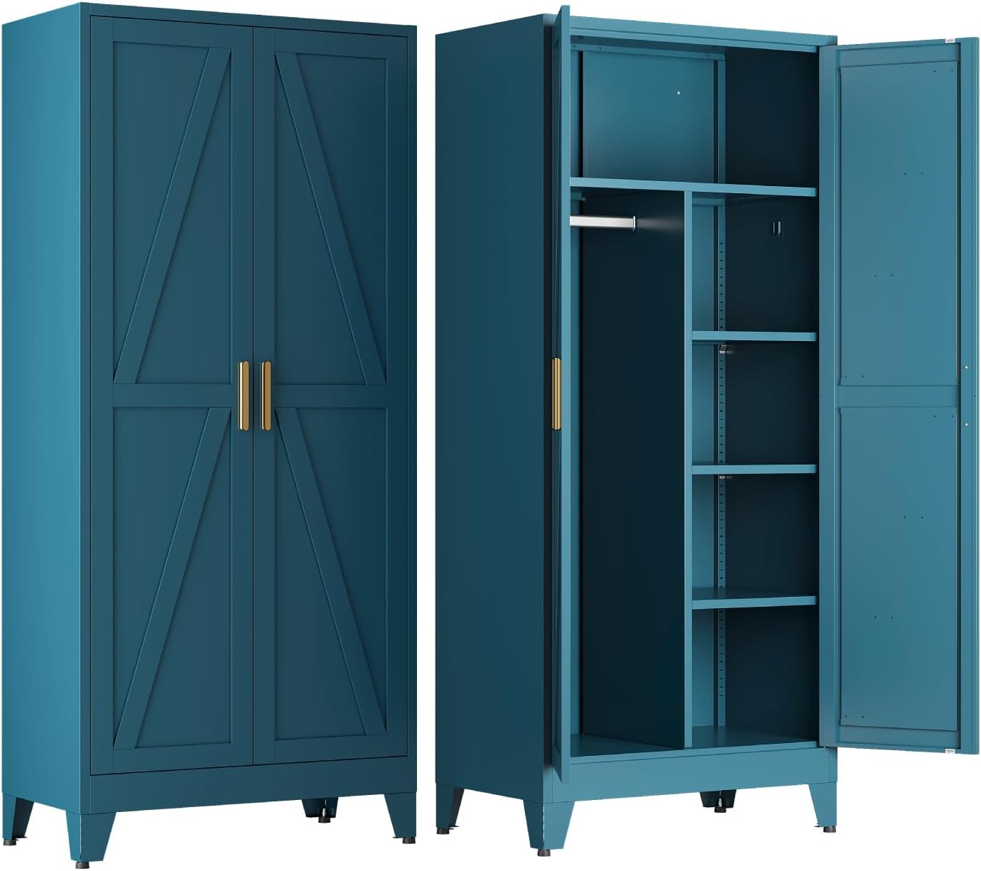 Peacock Blue Farmhouse Metal Wardrobe Storage Cabinet