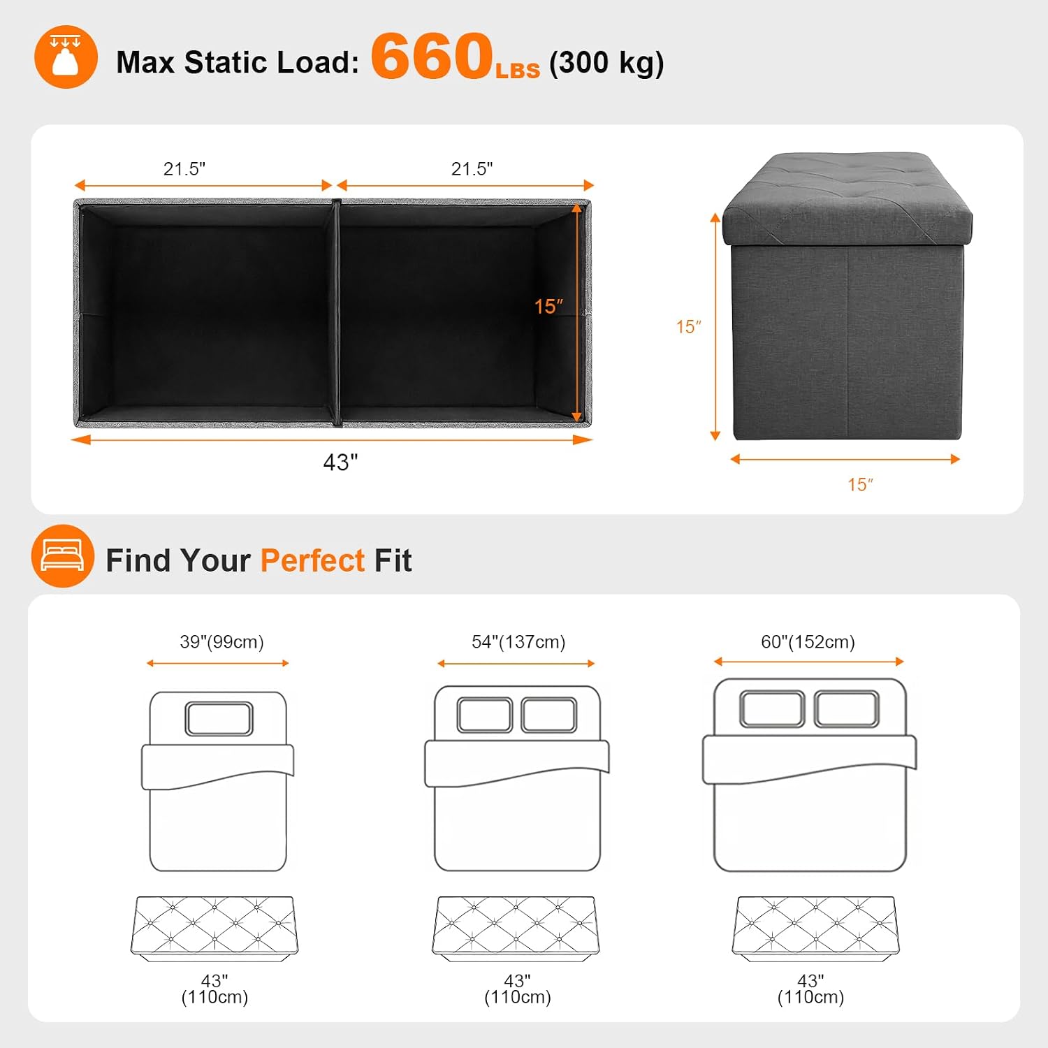 Gray Fabric Foldable Storage Ottoman Bench