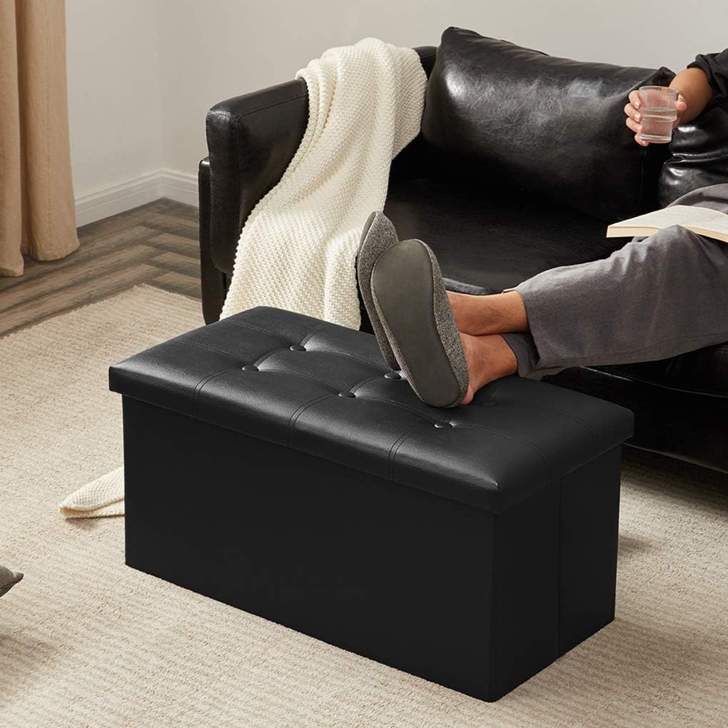 Black Faux Leather Folding Storage Ottoman