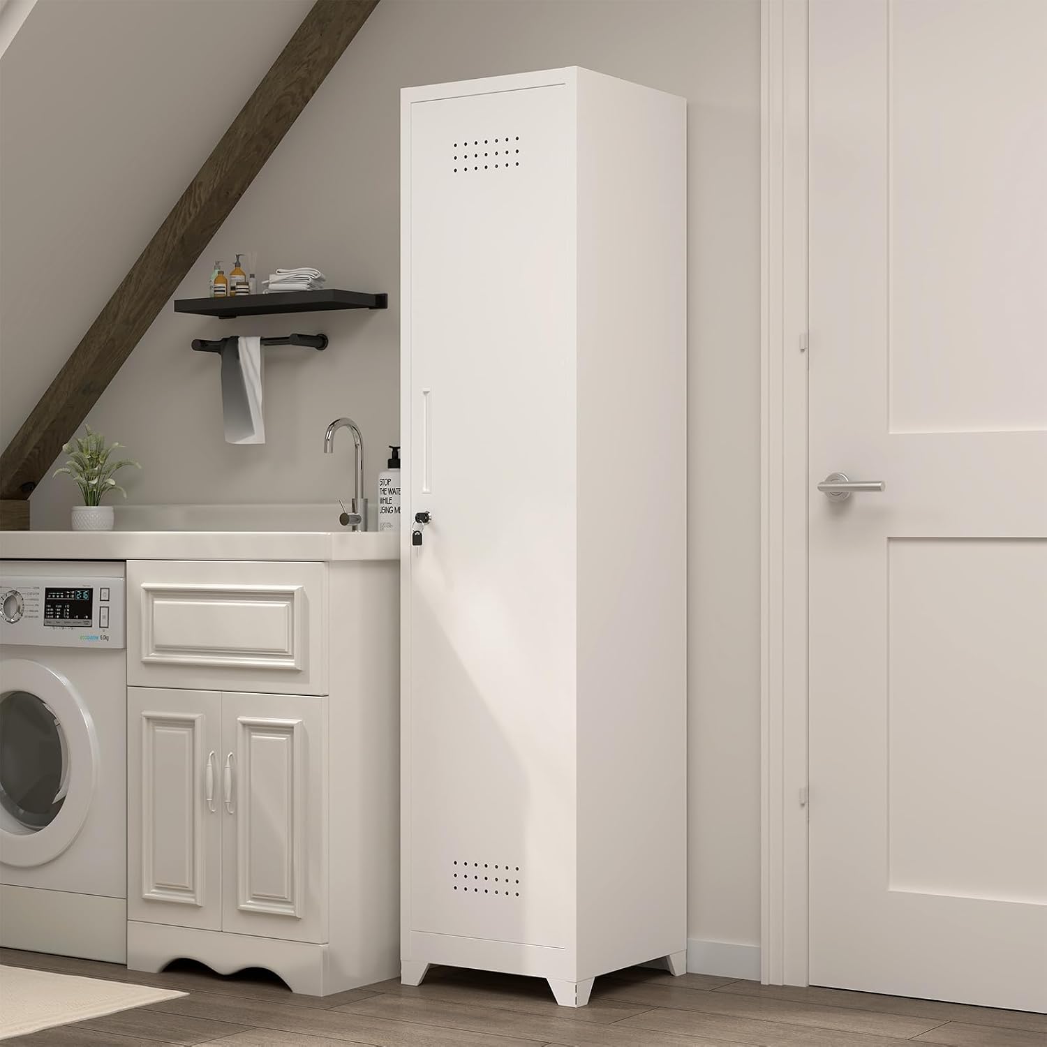 White Slim Lockable Metal Utility Broom Closet Cabinet