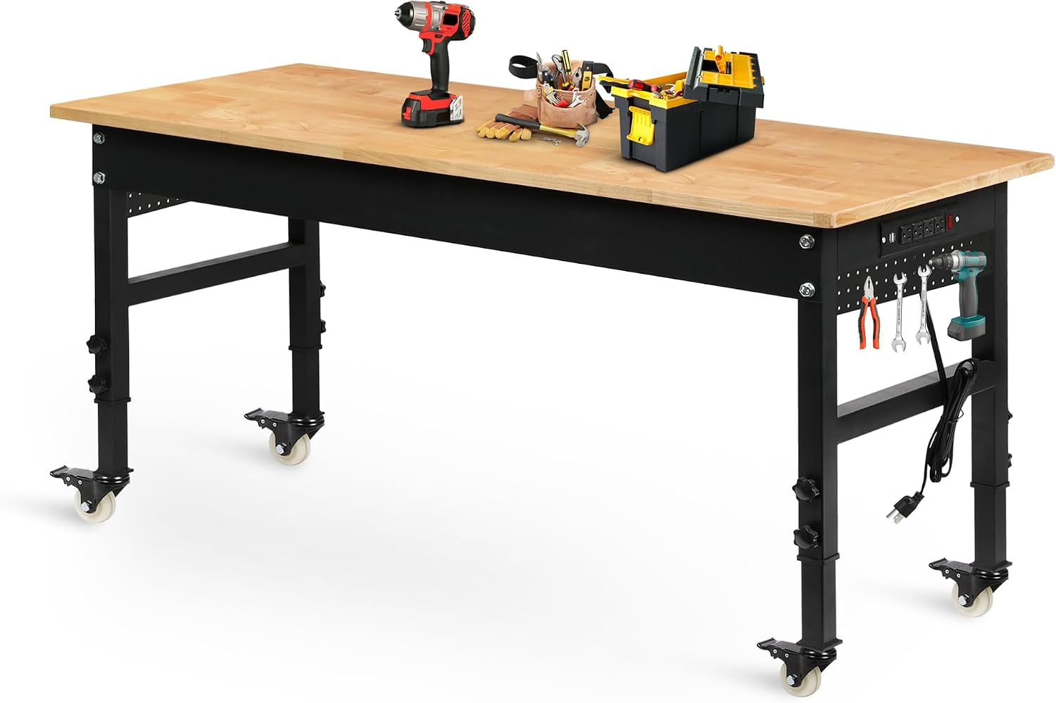 60 Inch Rolling Rubberwood Adjustable Heavy Duty Workbench