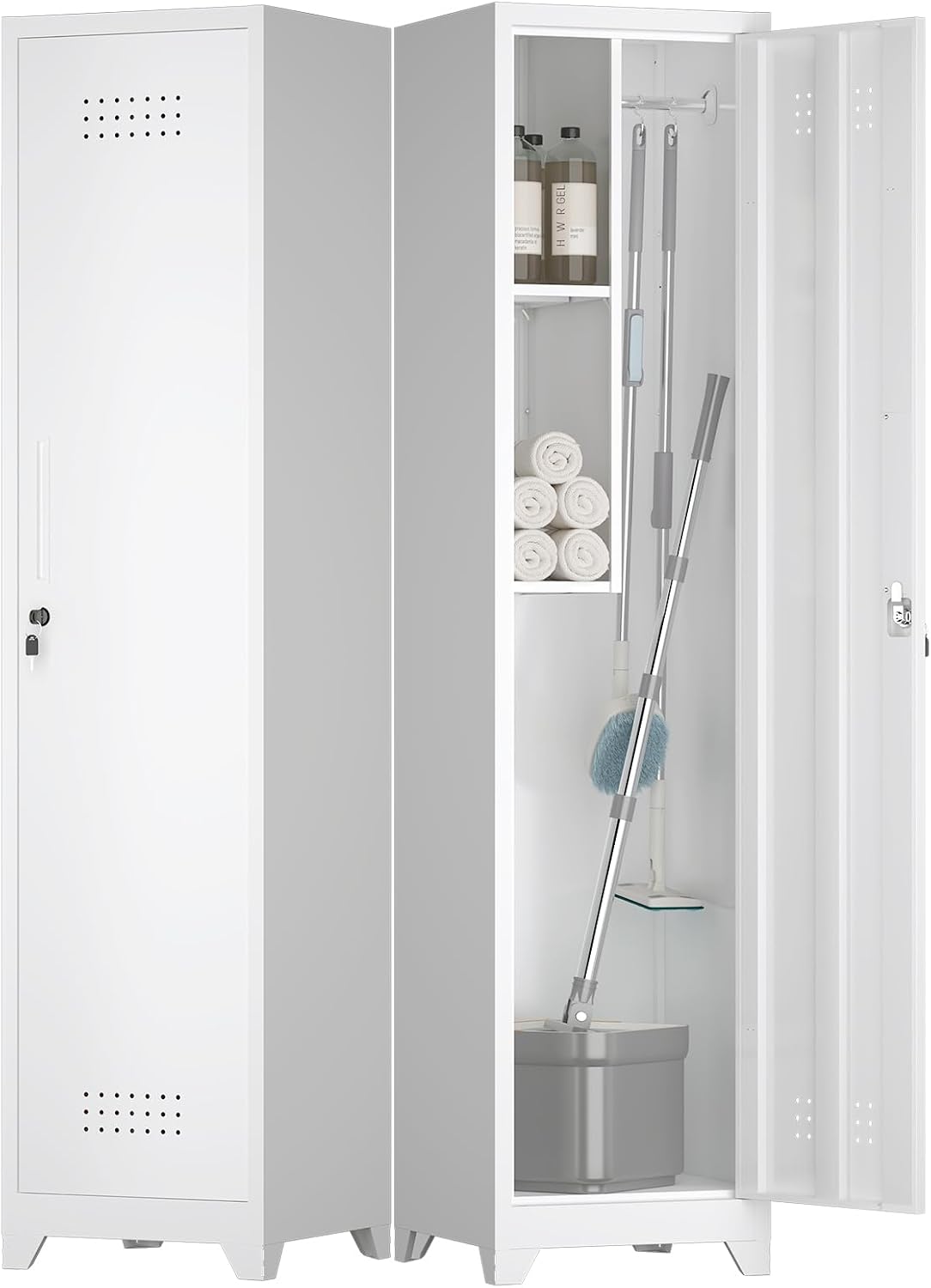 White Slim Lockable Metal Utility Broom Closet Cabinet