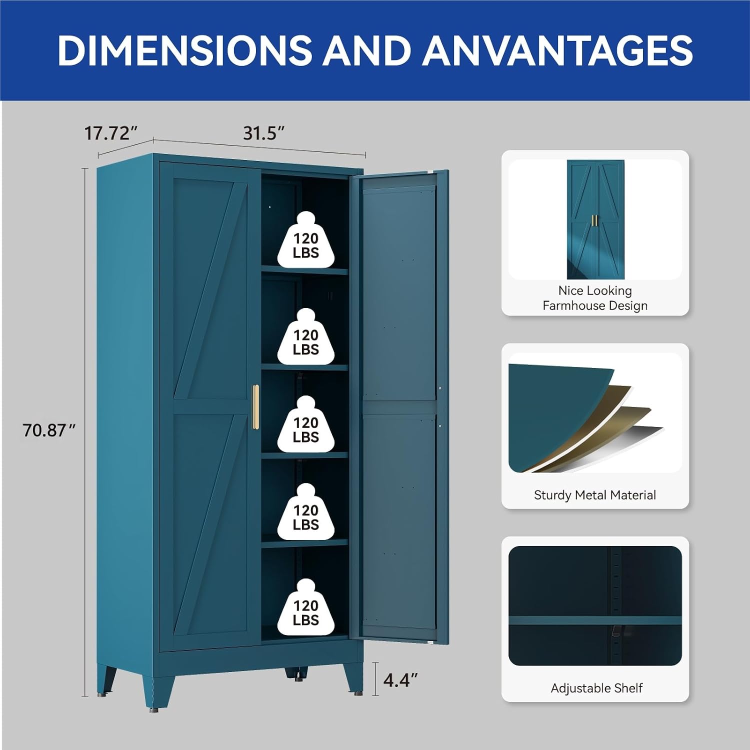 Peacock Blue Farmhouse Metal Wardrobe Storage Cabinet