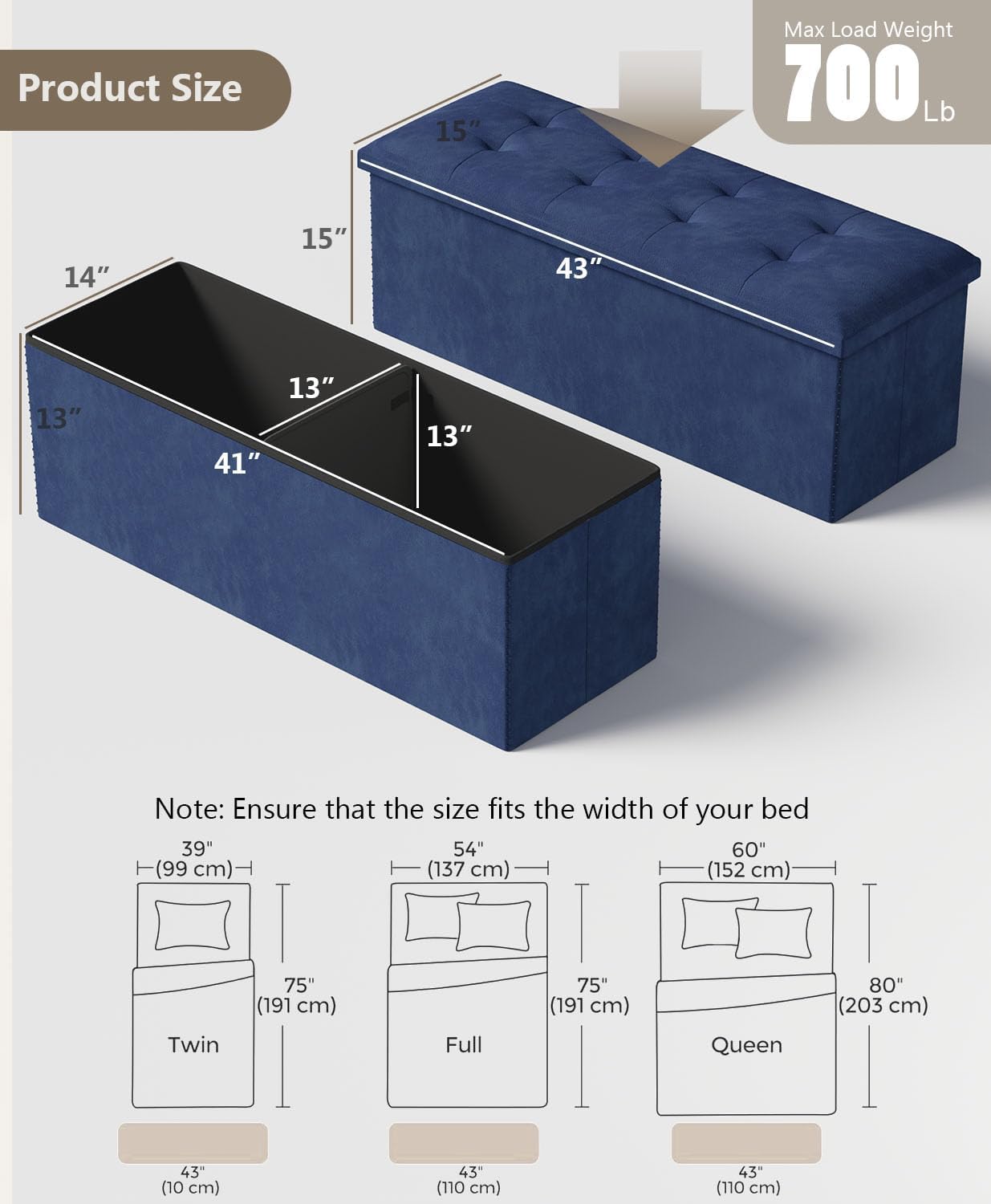 Navy Blue 43 Inch Storage Ottoman Bench