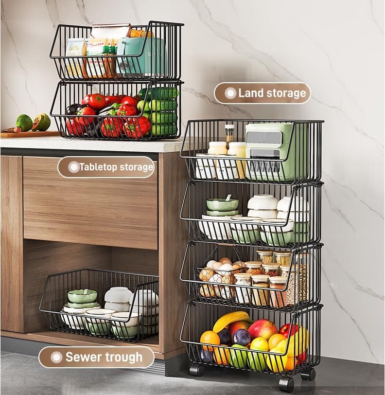 4-Tier Rolling Stackable Metal Wire Storage Baskets