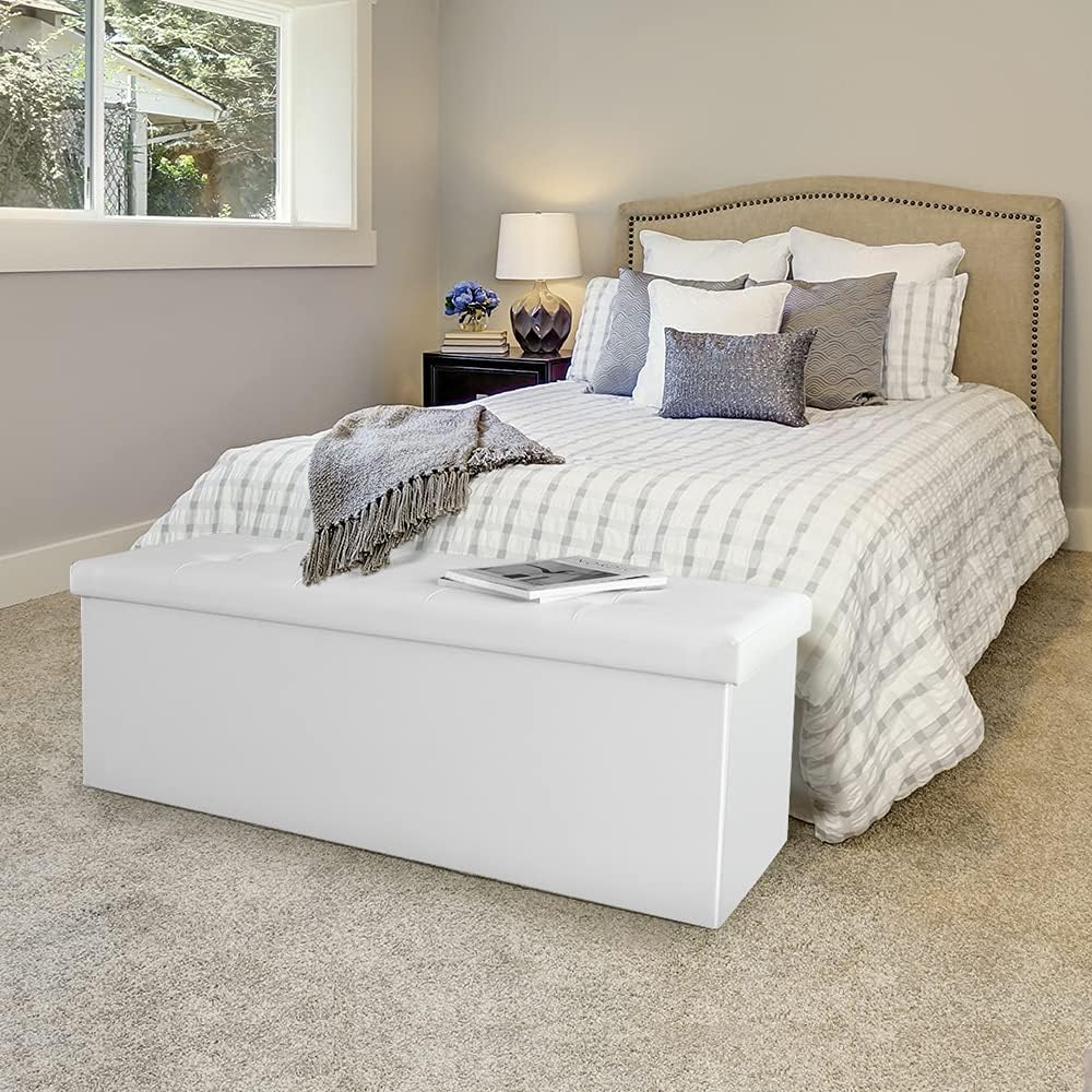 White Faux Leather Storage Ottoman Bench