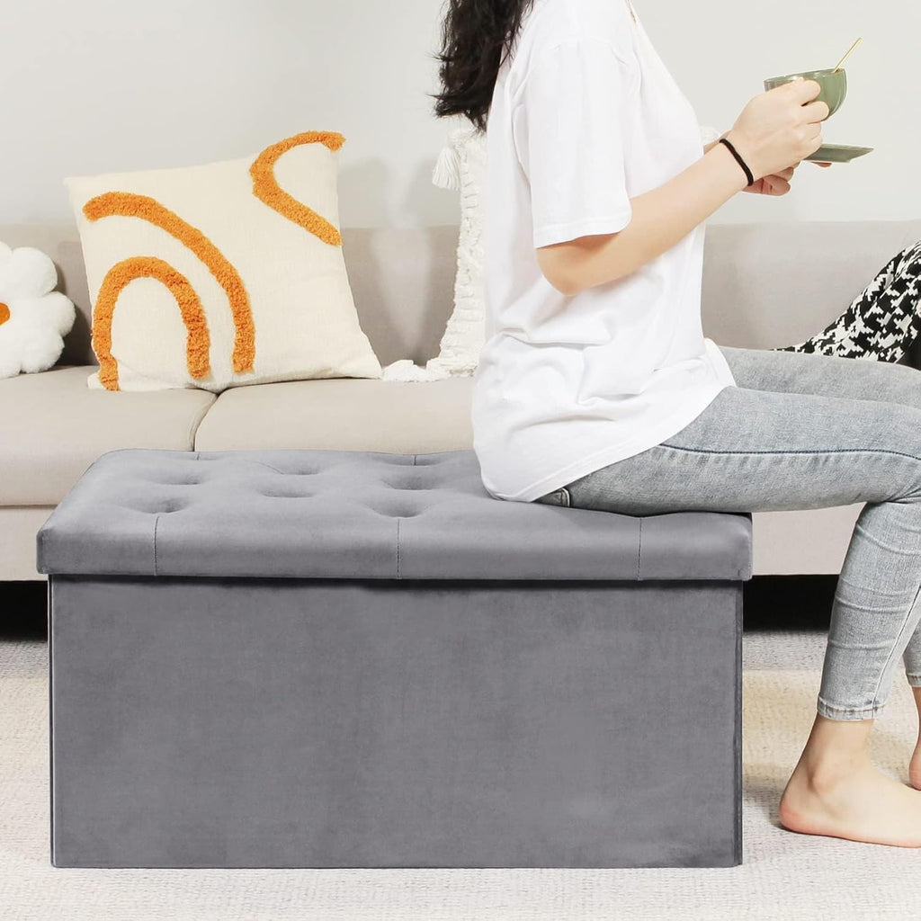 Grey Velvet Folding Storage Ottoman Bench