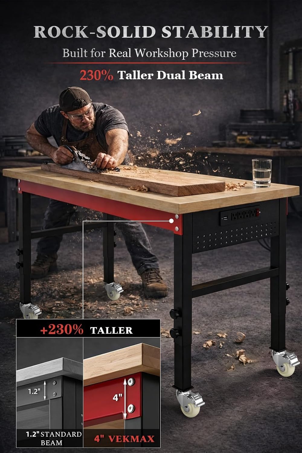 60 Inch Adjustable Rolling Oak Top Heavy Duty Workbench