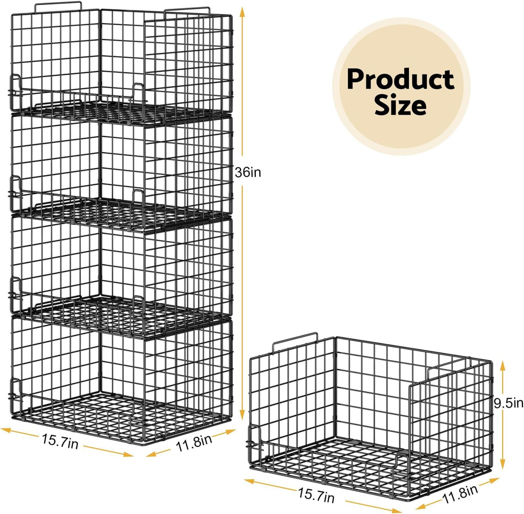 Black 4-Tier Foldable Metal Closet Storage Baskets