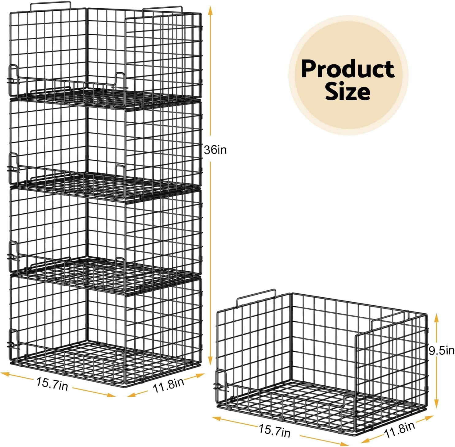 Black 4-Tier Foldable Metal Closet Storage Baskets