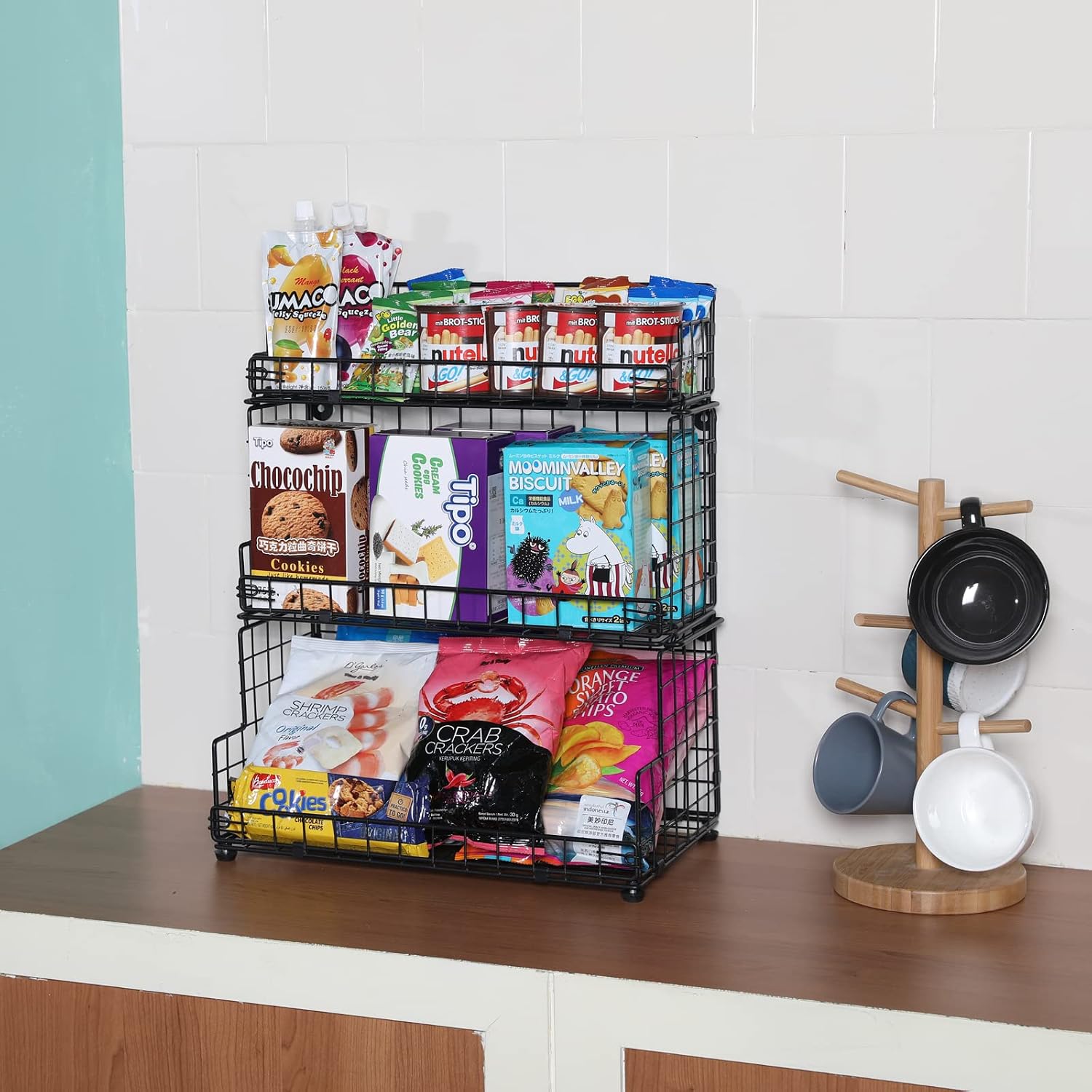 Black 3-Tier Stackable Metal Wire Storage Baskets