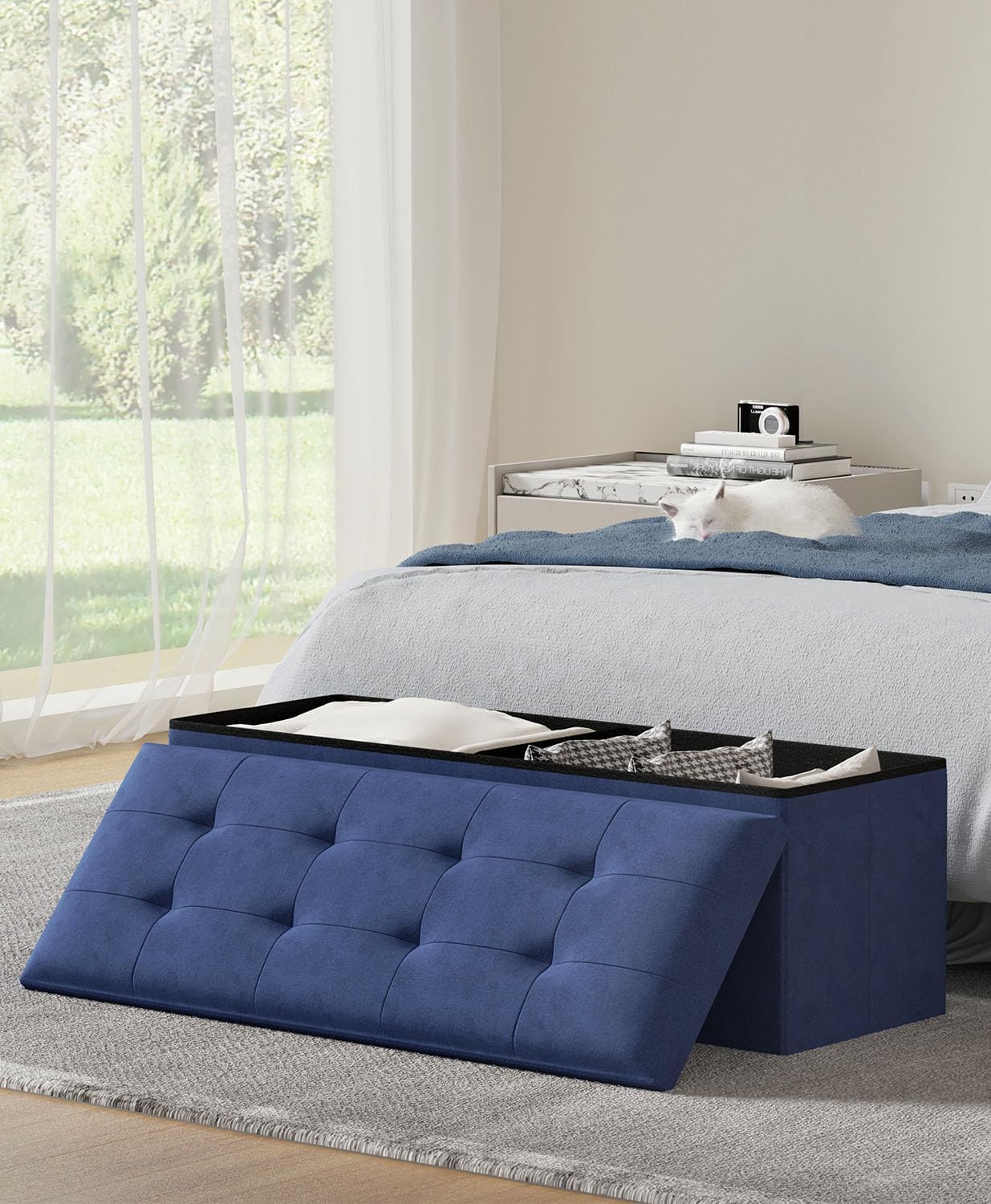 Navy Blue 43 Inch Storage Ottoman Bench