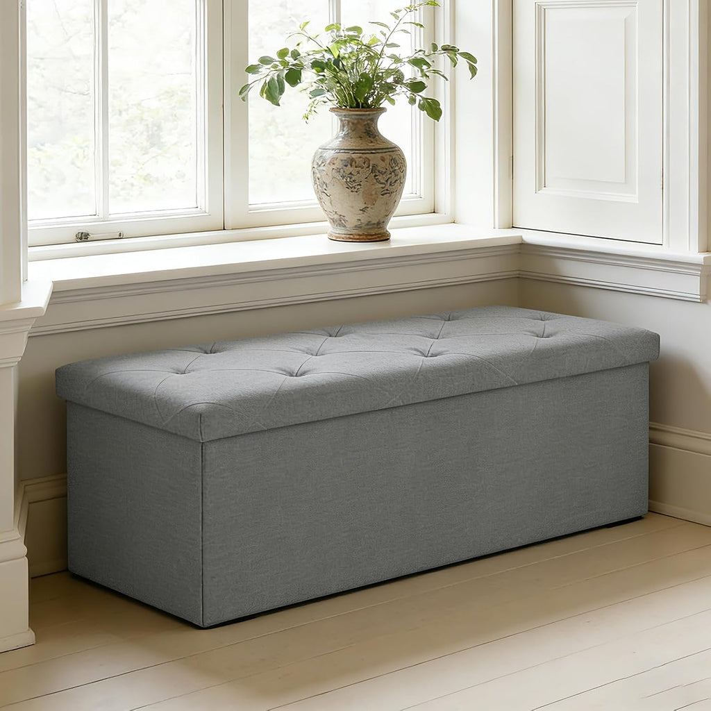 Gray Fabric Foldable Storage Ottoman Bench