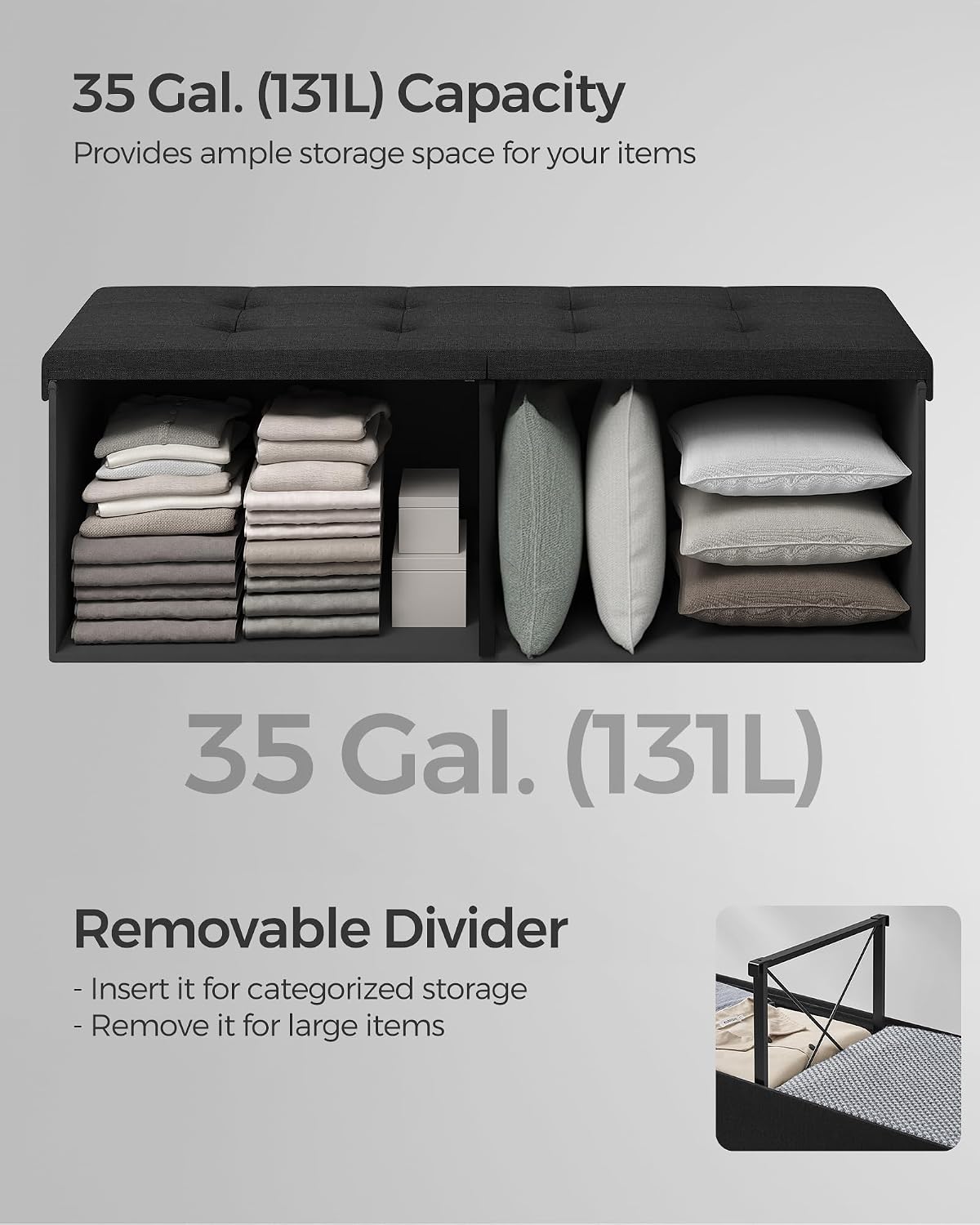 Ink Black Foldable Storage Ottoman Bench