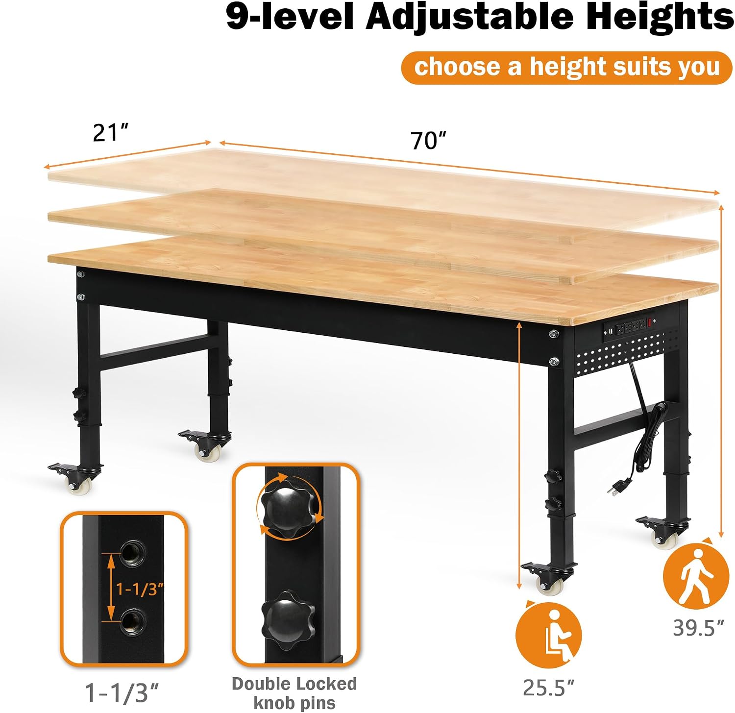 Rolling Rubberwood Adjustable Workbench