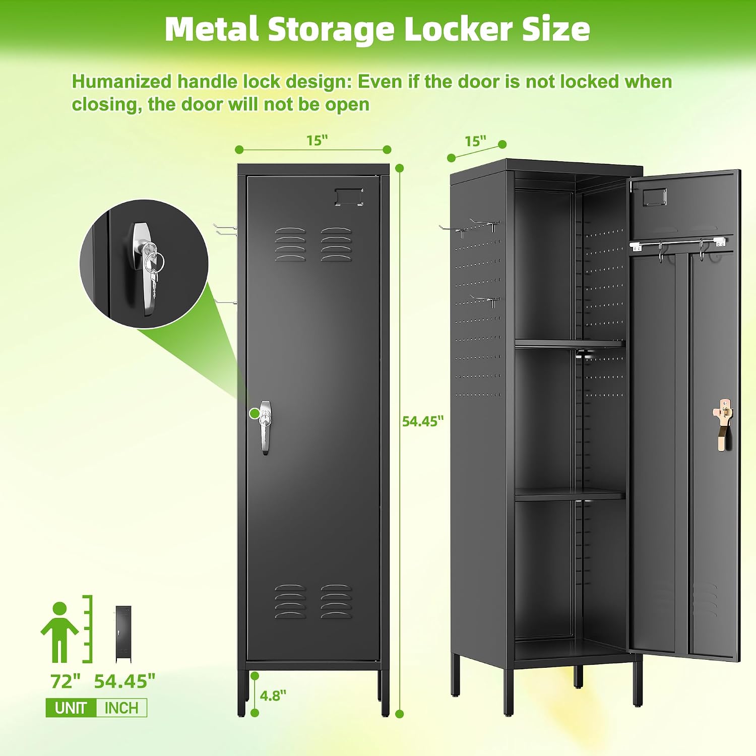 Steel Locker Cabinet with Lock Pegboards Hooks Hanging Rod