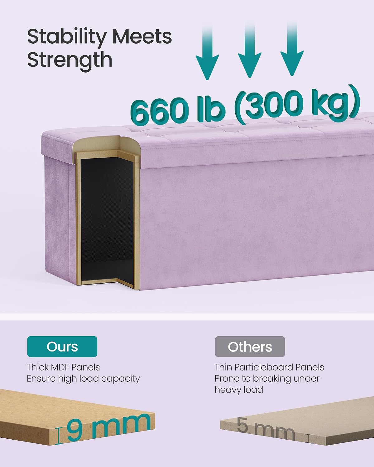 Light Lilac Foldable Storage Ottoman Bench
