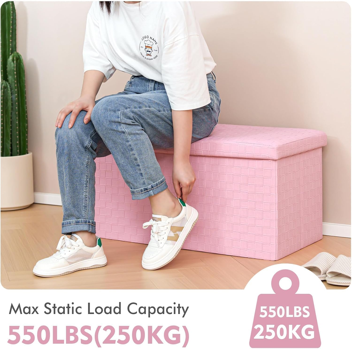Pink Faux Leather Storage Ottoman Bench