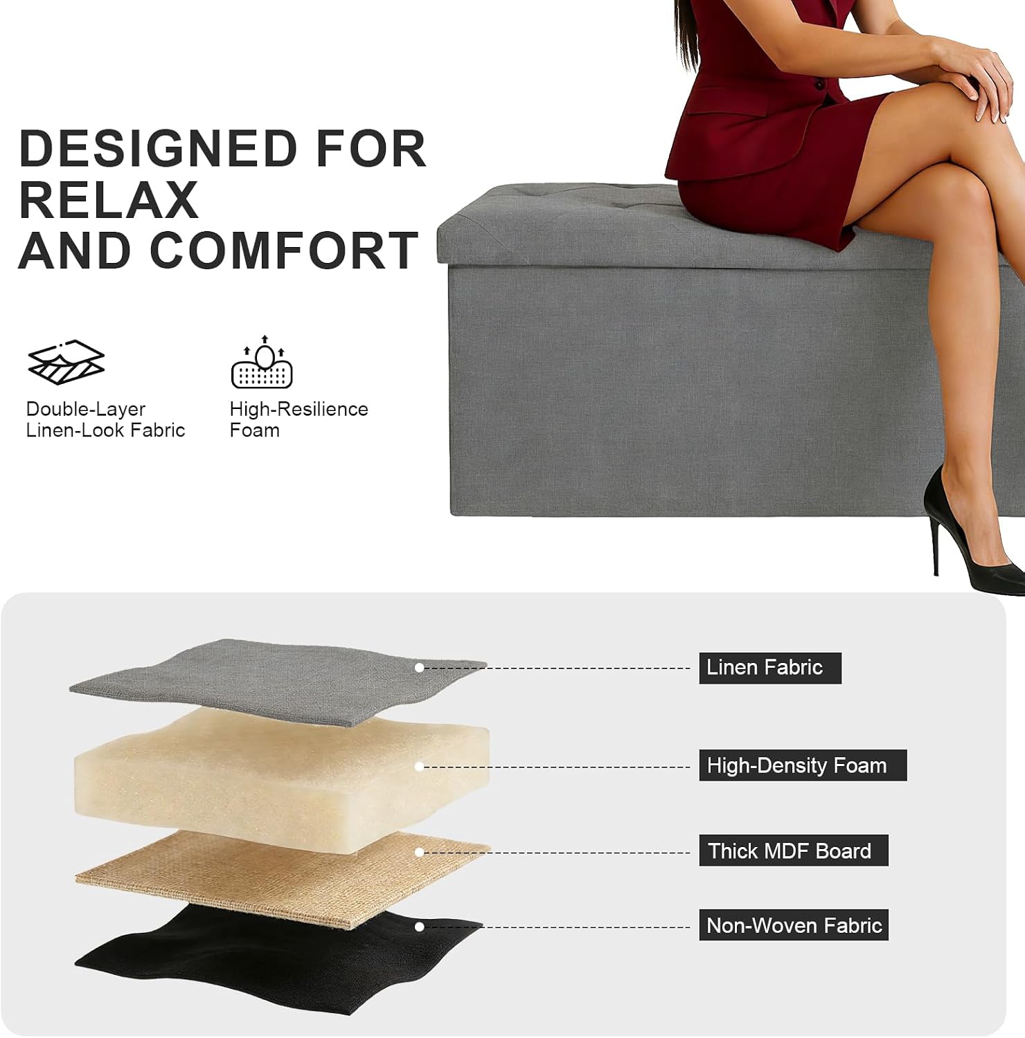 Gray Fabric Foldable Storage Ottoman Bench