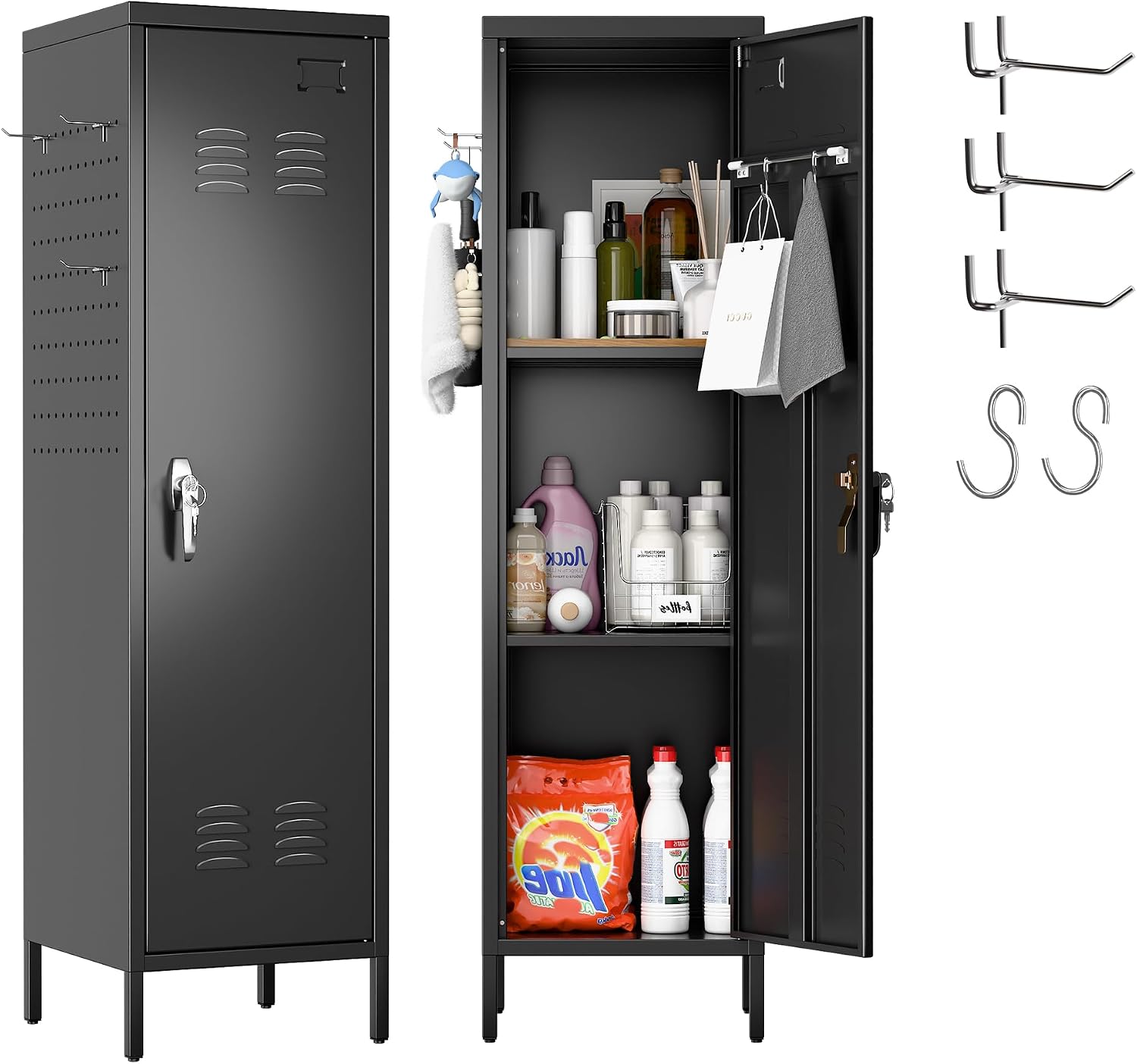 Steel Locker Cabinet with Lock Pegboards Hooks Hanging Rod
