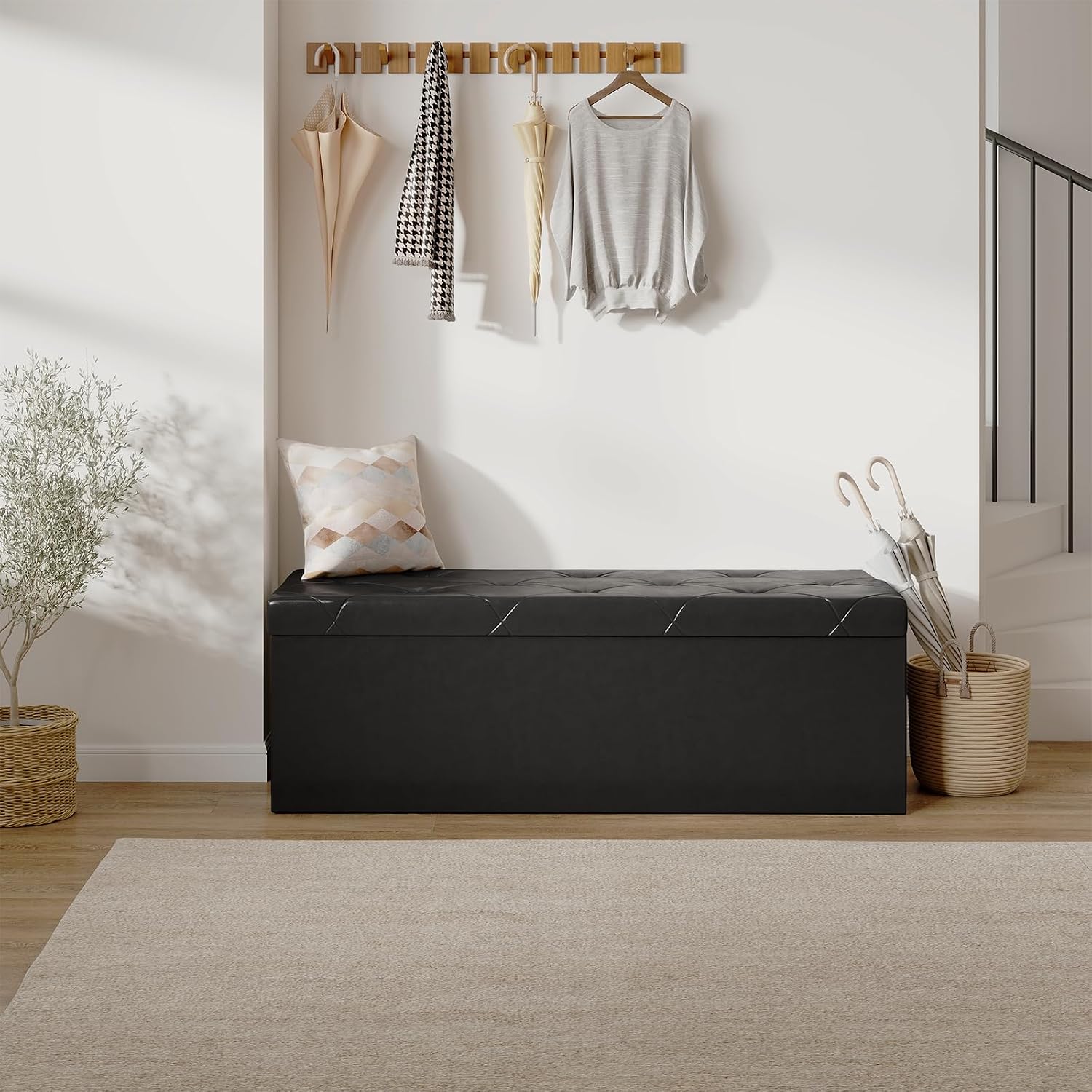 Black Leather Folding Storage Ottoman Bench