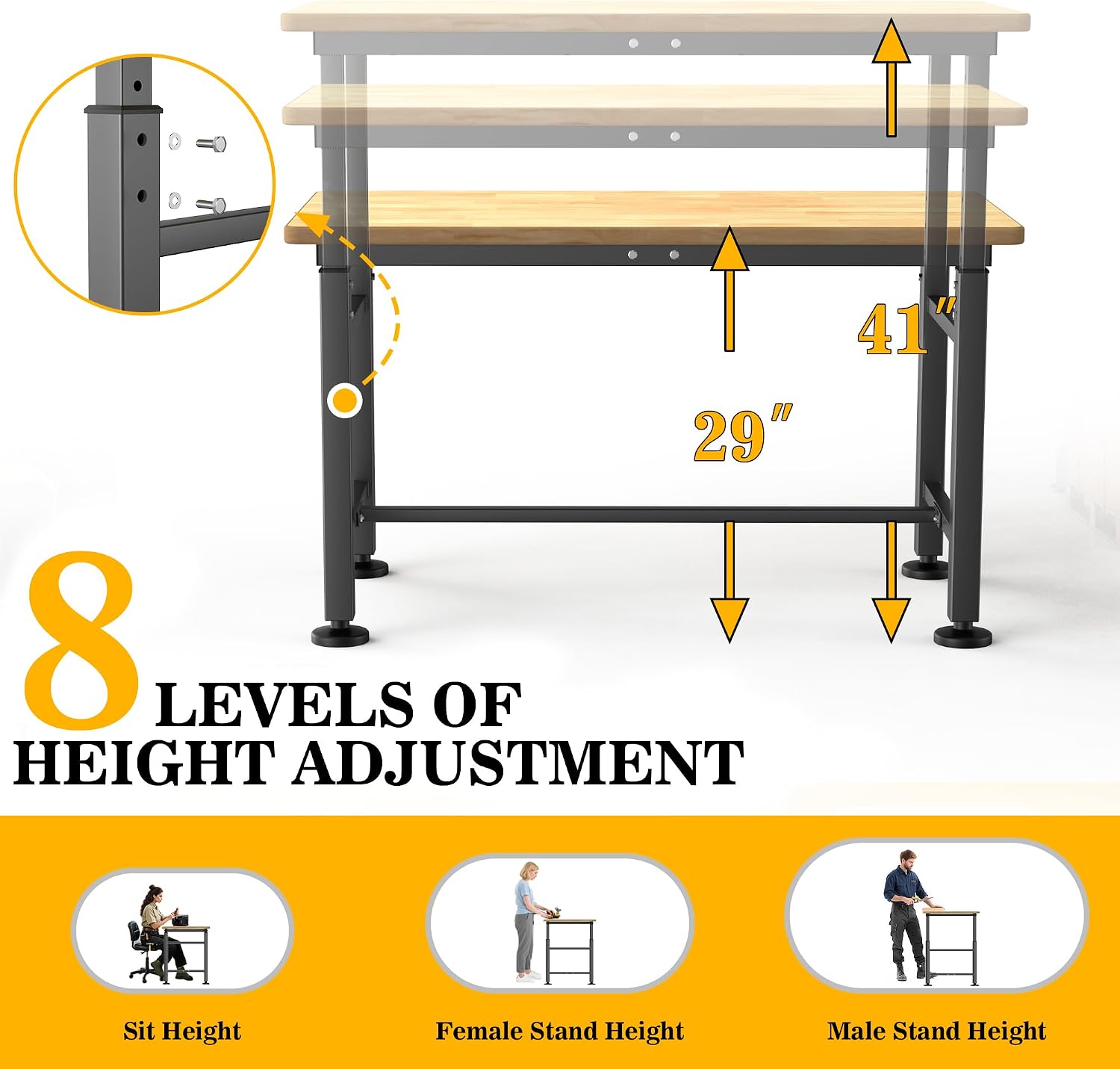 47.5 Inch Adjustable Rubberwood Heavy Duty Garage Workbench