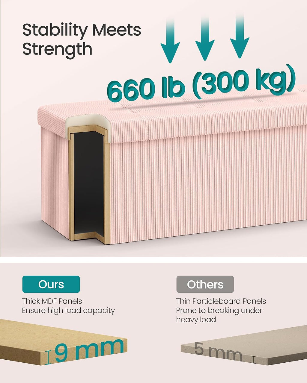 Pink Foldable Storage Ottoman Bench