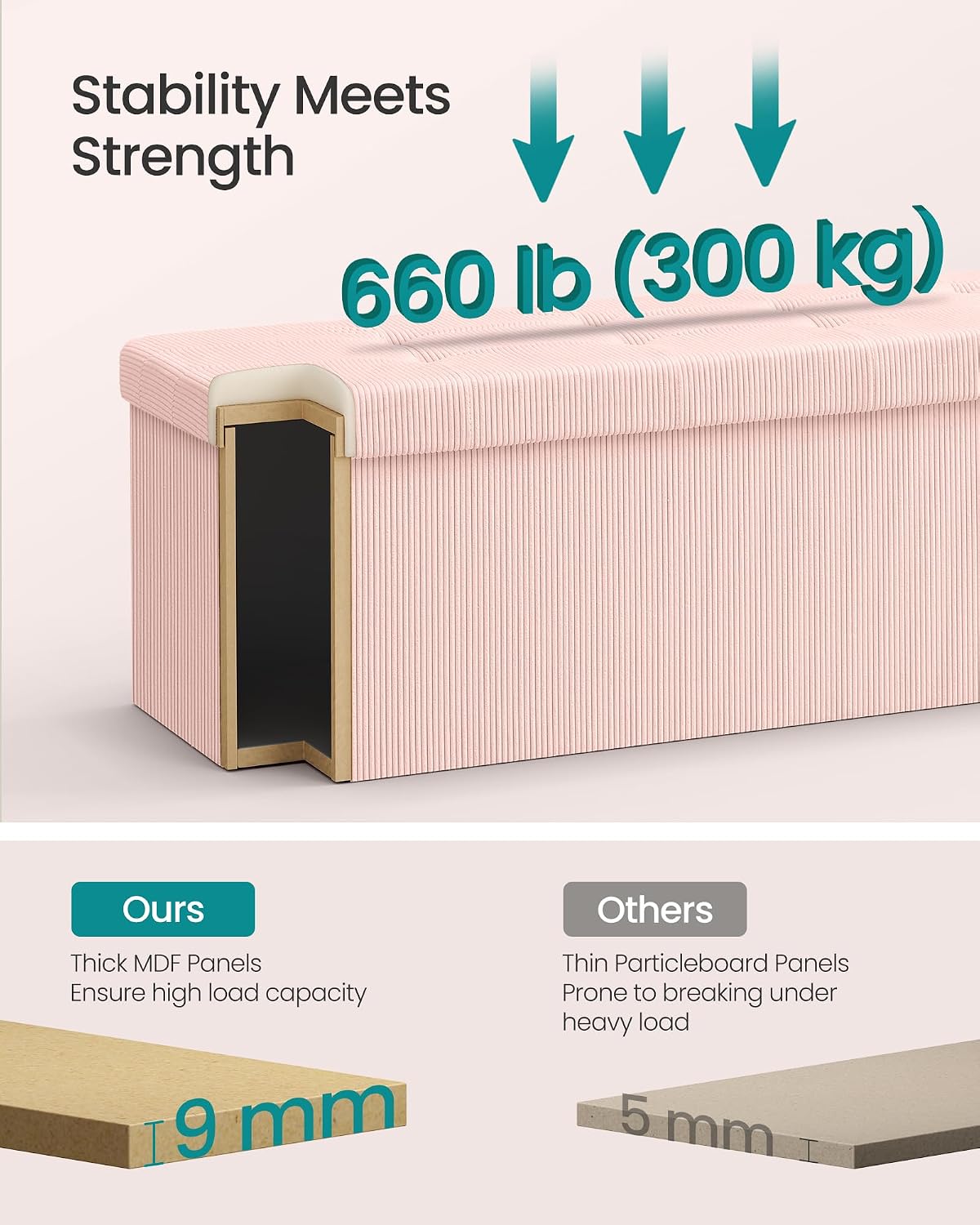 Pink Foldable Storage Ottoman Bench