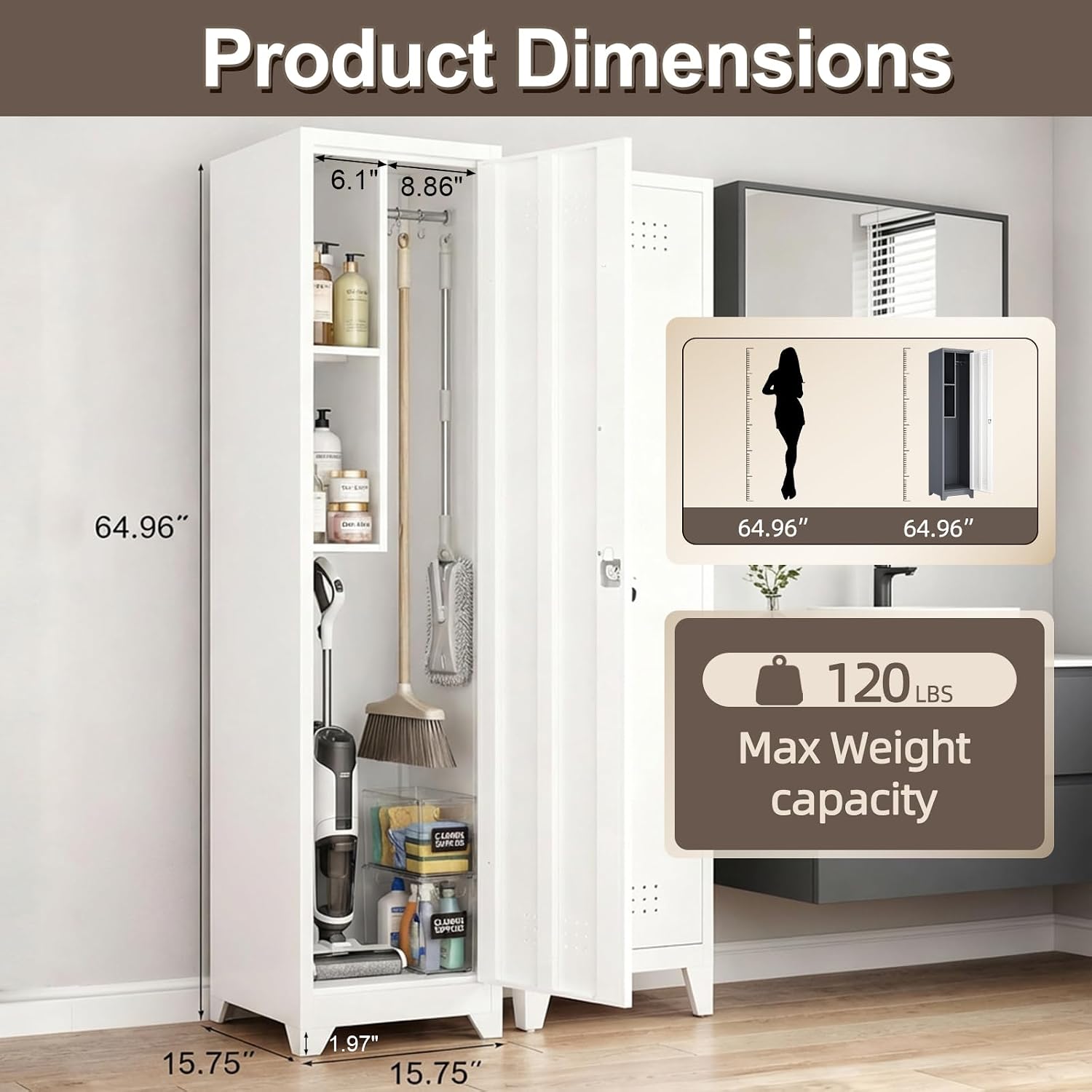 White Slim Lockable Metal Utility Broom Closet Cabinet
