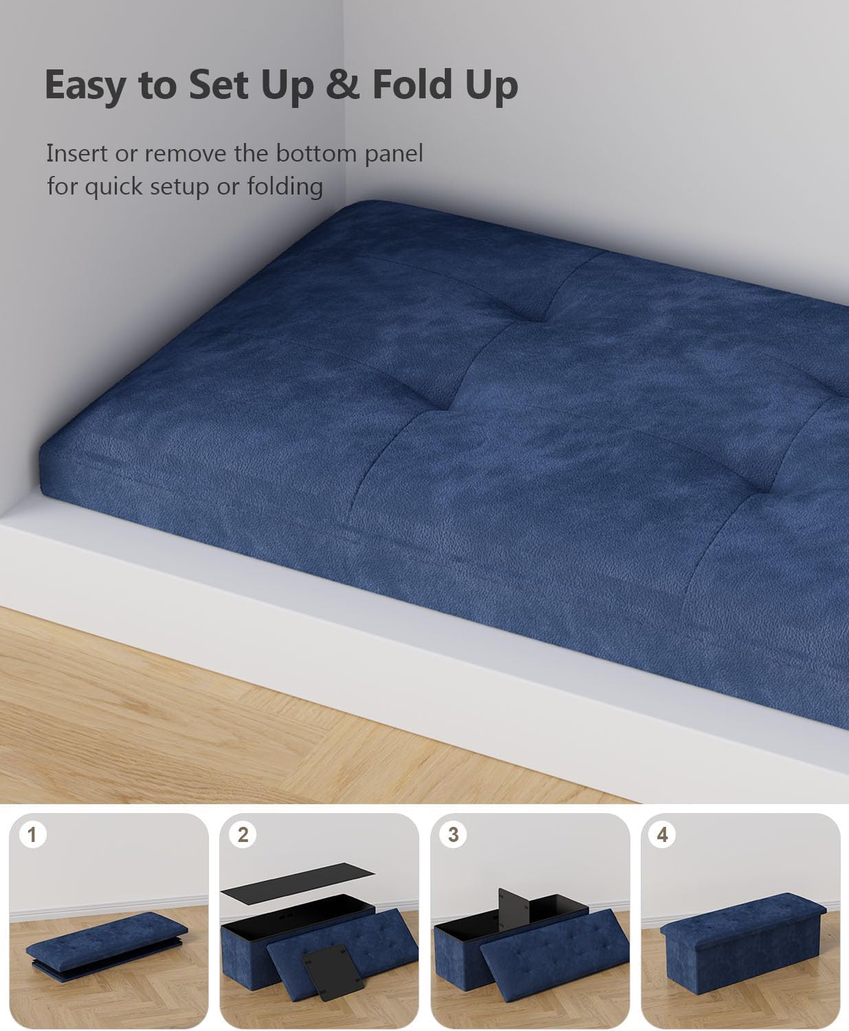 Navy Blue 43 Inch Storage Ottoman Bench