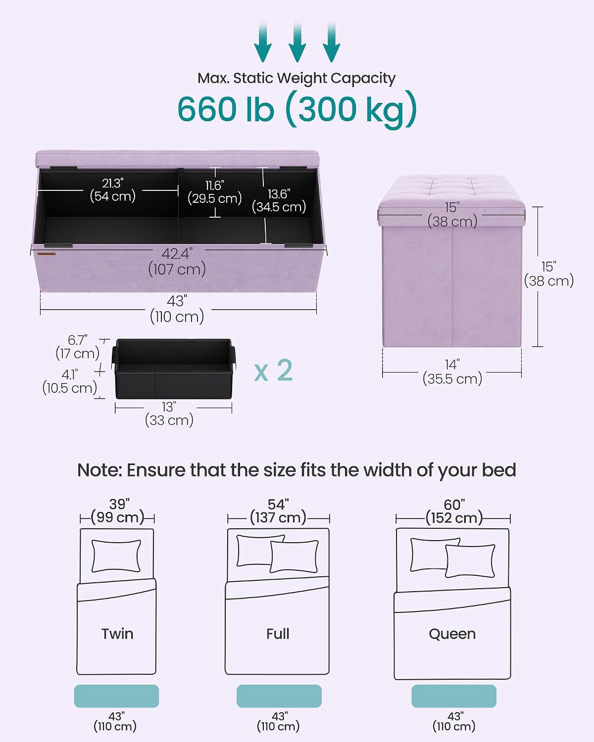Light Lilac Foldable Storage Ottoman Bench