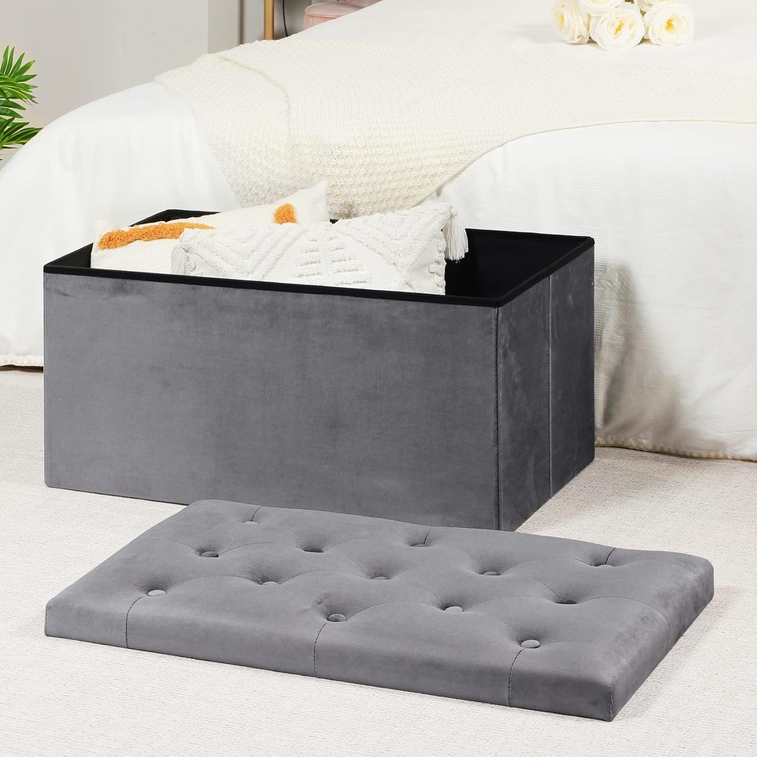 Grey Velvet Folding Storage Ottoman Bench