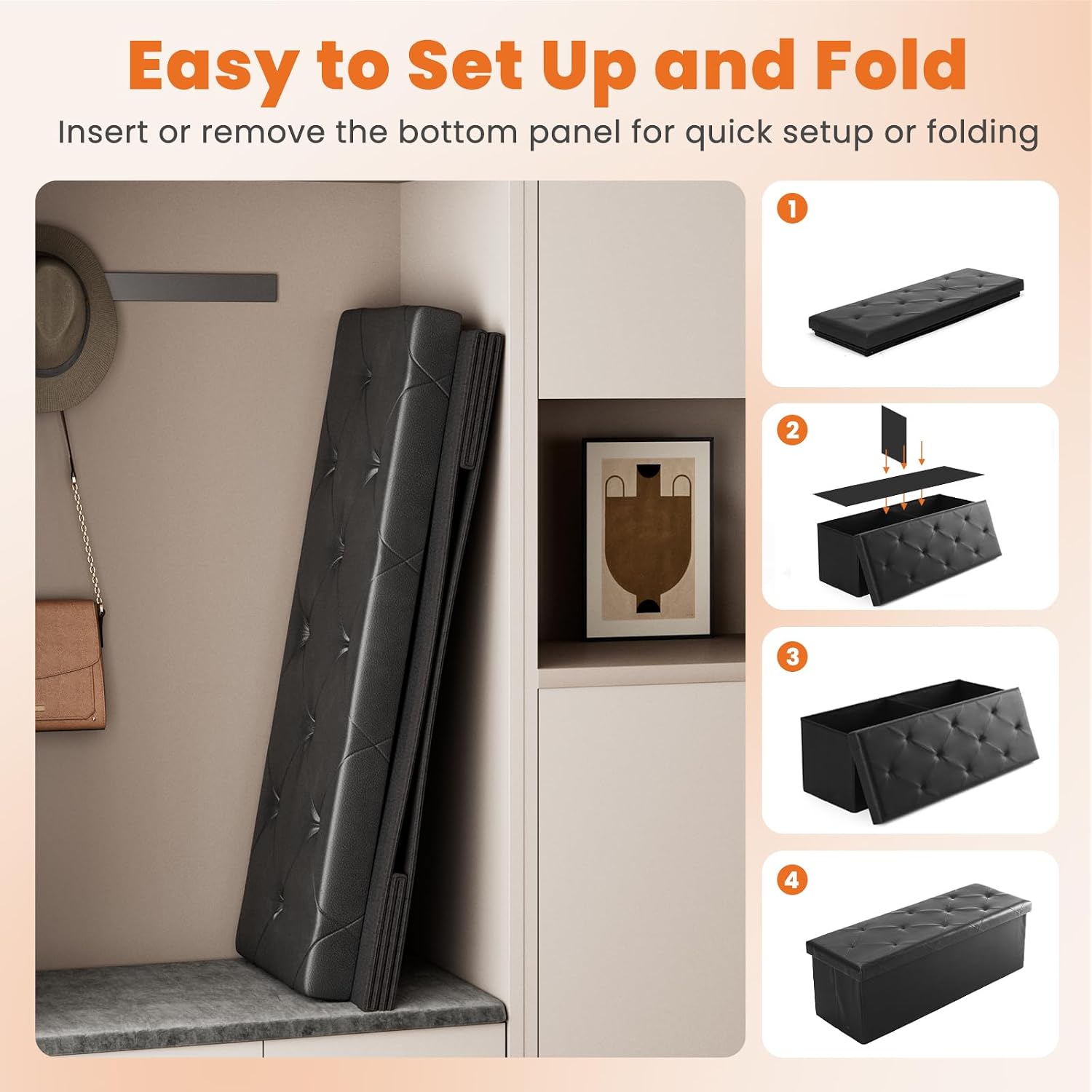 Black Leather Folding Storage Ottoman Bench