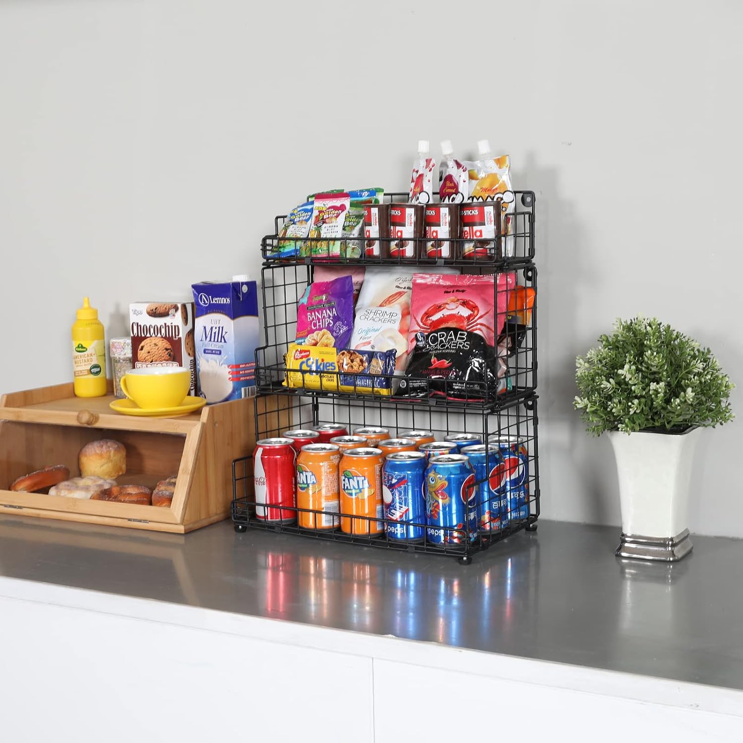 Black 3-Tier Stackable Metal Wire Storage Baskets