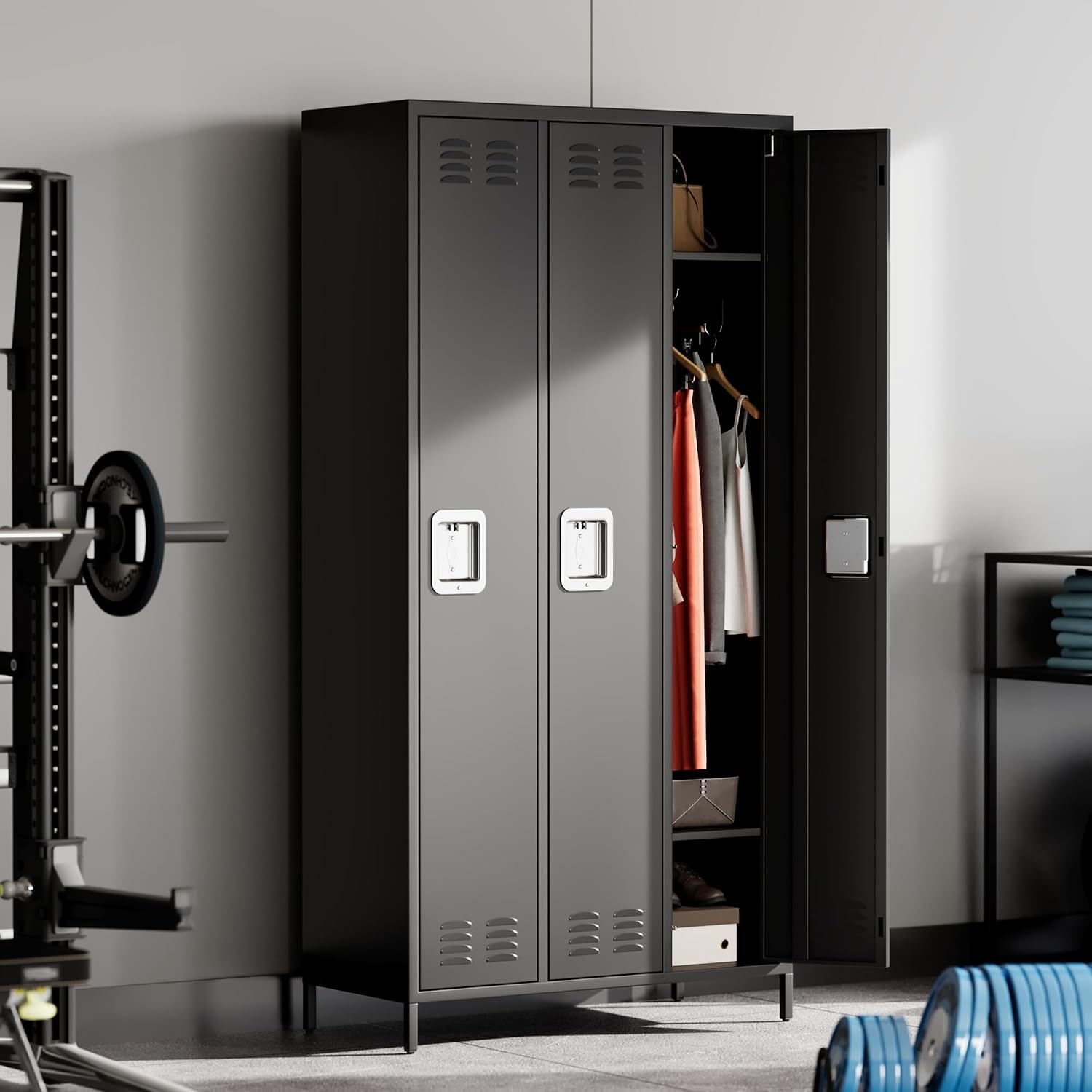 Black Three Doors Metal Storage Locker Cabinet