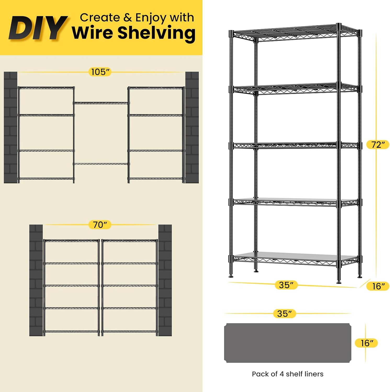 Black 5-Tier Heavy Duty Adjustable Metal Wire Storage Shelving