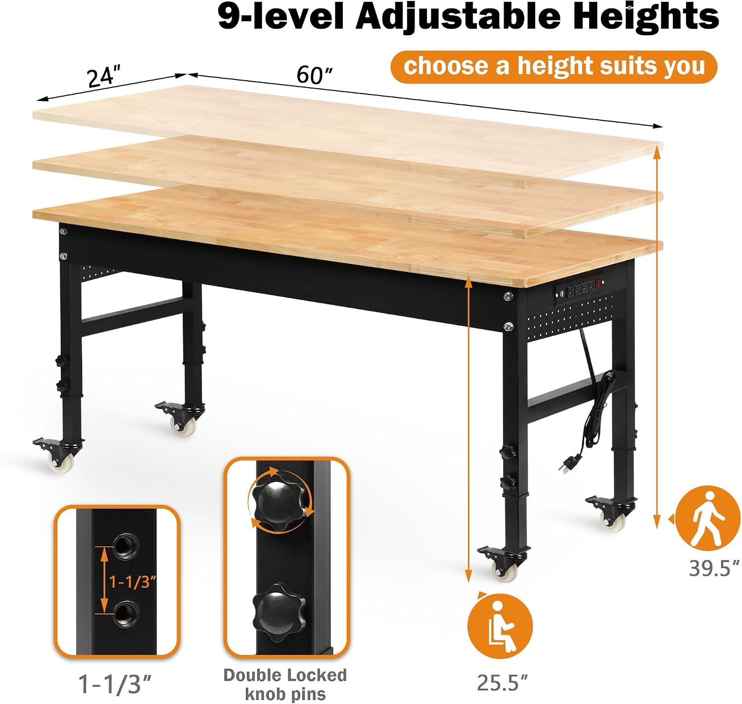60 Inch Rolling Rubberwood Adjustable Heavy Duty Workbench