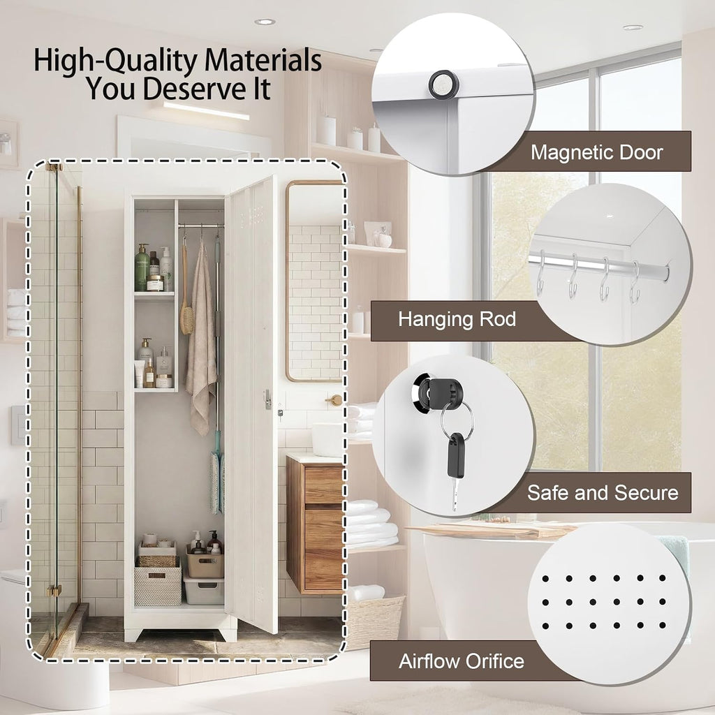 White Slim Lockable Metal Utility Broom Closet Cabinet
