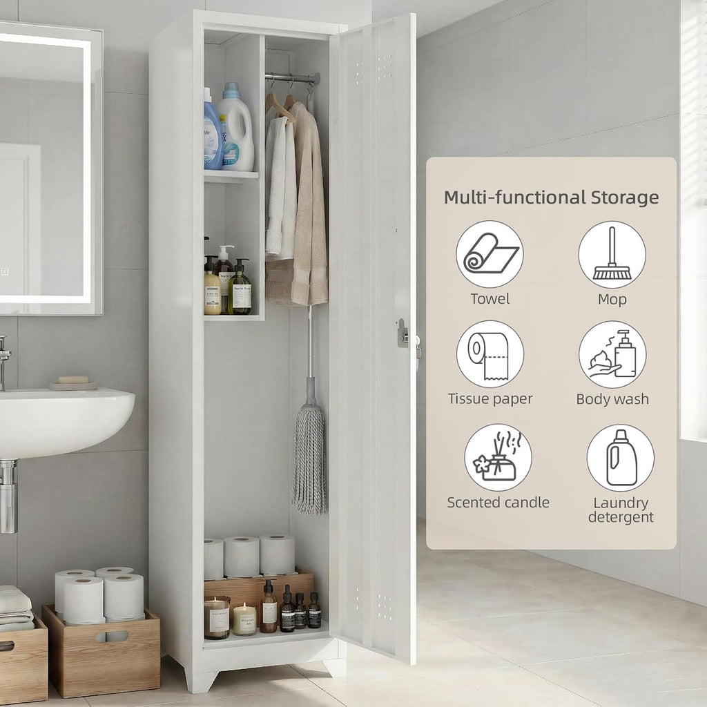 White Slim Lockable Metal Utility Broom Closet Cabinet