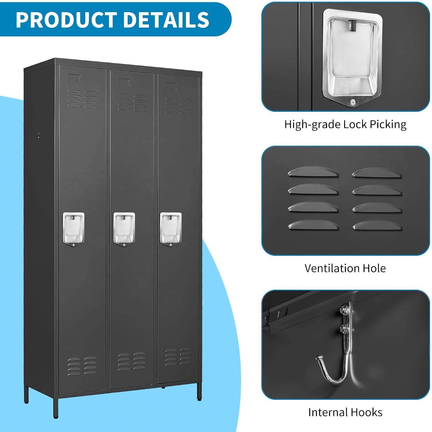 Black Three Door Metal Employee Storage Locker