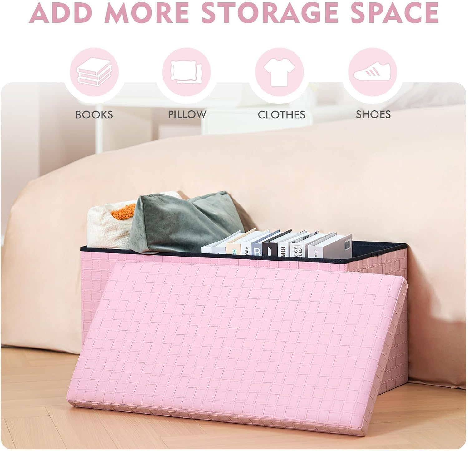 Pink Faux Leather Storage Ottoman Bench